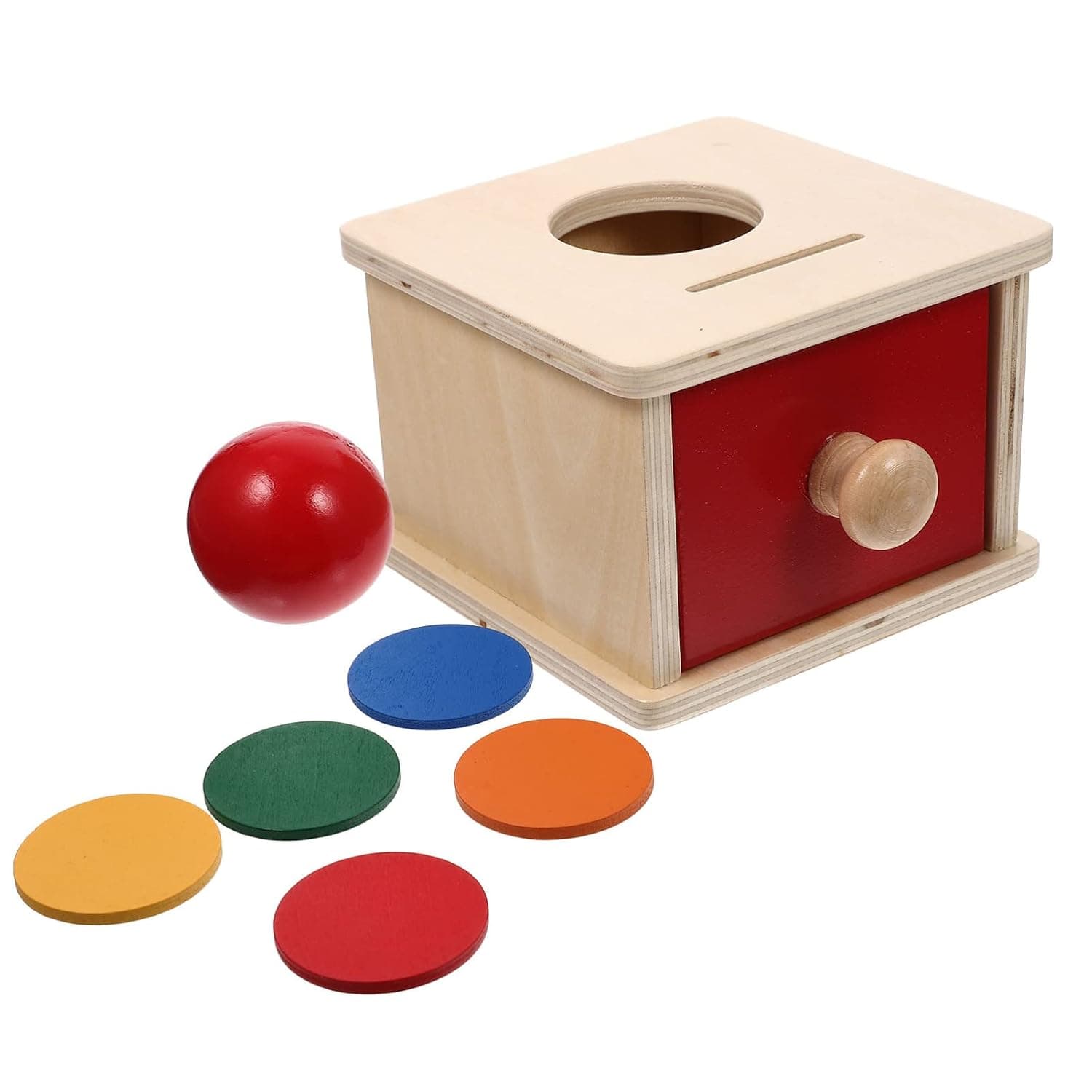 Toyvian Montessori Wooden Toy 2 in 1 Montessori Object Permanent Box Ball Case Toy Montessori Coin Box with Drawer for Infants Toddlers