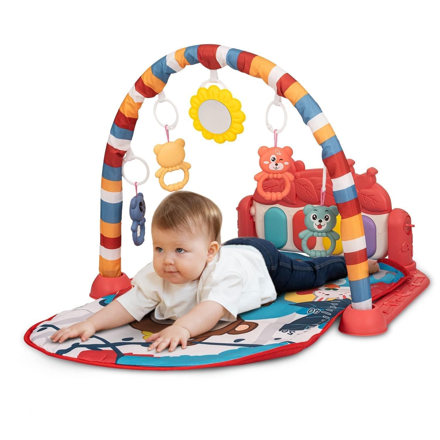 Baybee 2 in 1 Baby Play Mat & Play Gym For Infants/Newborn Babies With Musical Piano Play Mat & - Kick And Play - Hanging Toys Rattle - Gift for Baby 0-36 Months Red