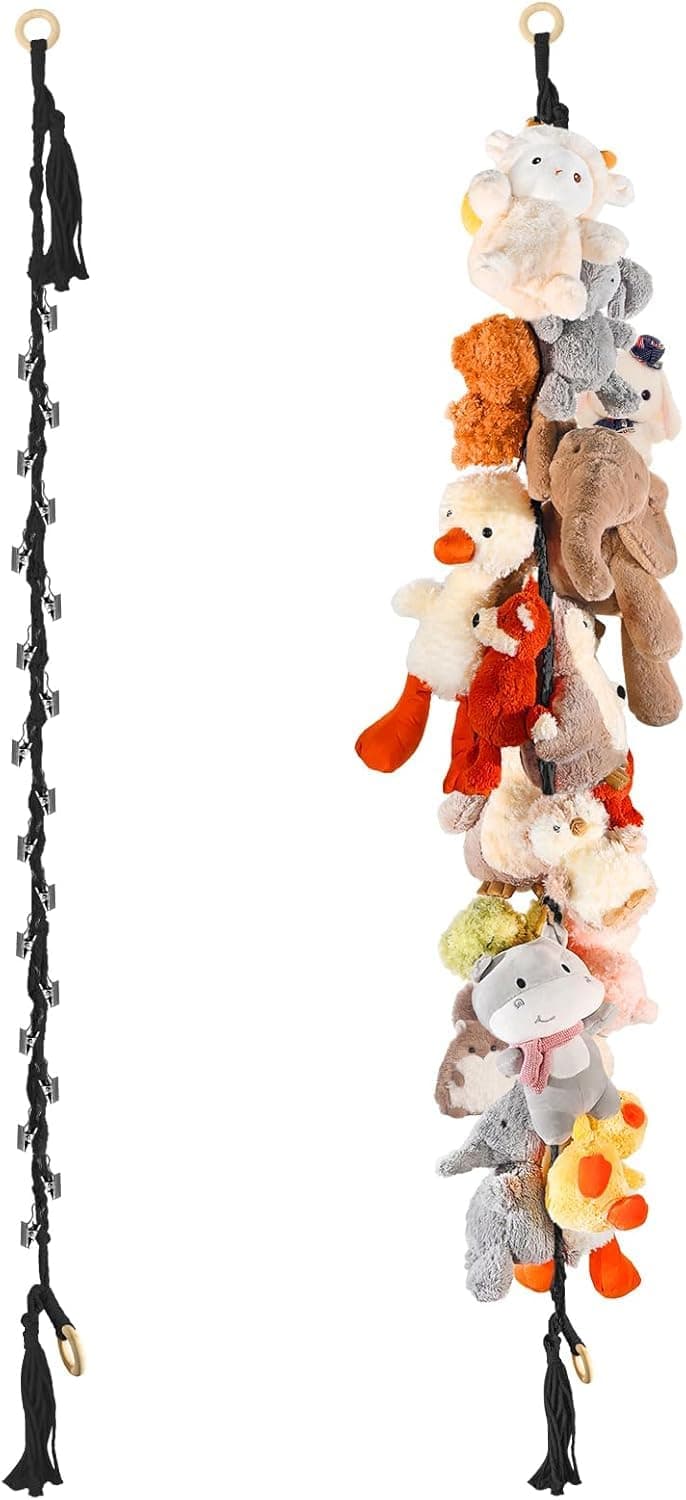 80" Cotton Hanging Storage Chain for Stuffed Animals Storage with 20 Metal Clips, Stuffed Animal Organizer Chain for Wall Corner Nursery Play Room, Black