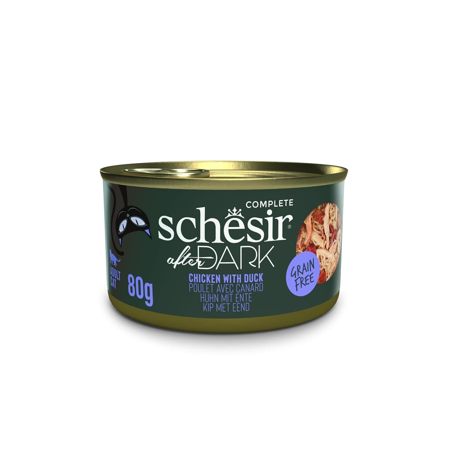 Schesir After Dark Wet Food Complete Meal with Chicken & Duck in Broth, 80 g Single Can