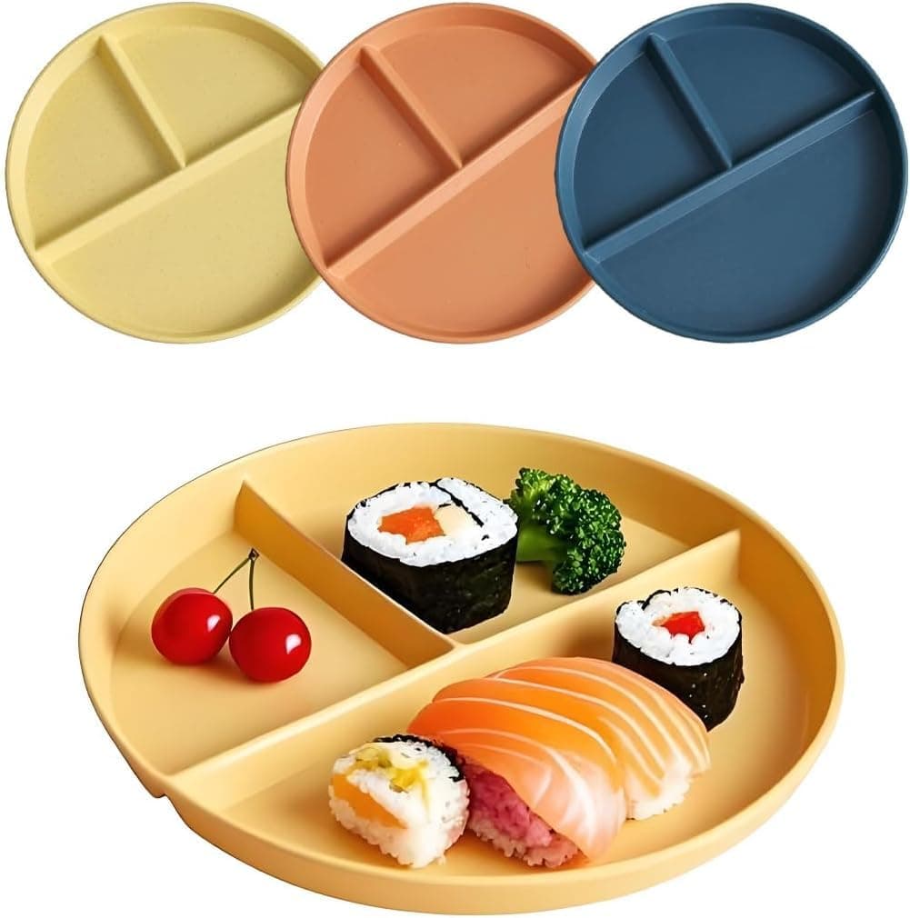 Divided Dinner Plates, Reusable Unbreakable 9 Inch Deep Dish Plates for Portion Control and Healthy Meals, Microwave Safe Lightweight Tableware for Home Picnic Camping Dark Colour 3 Pack