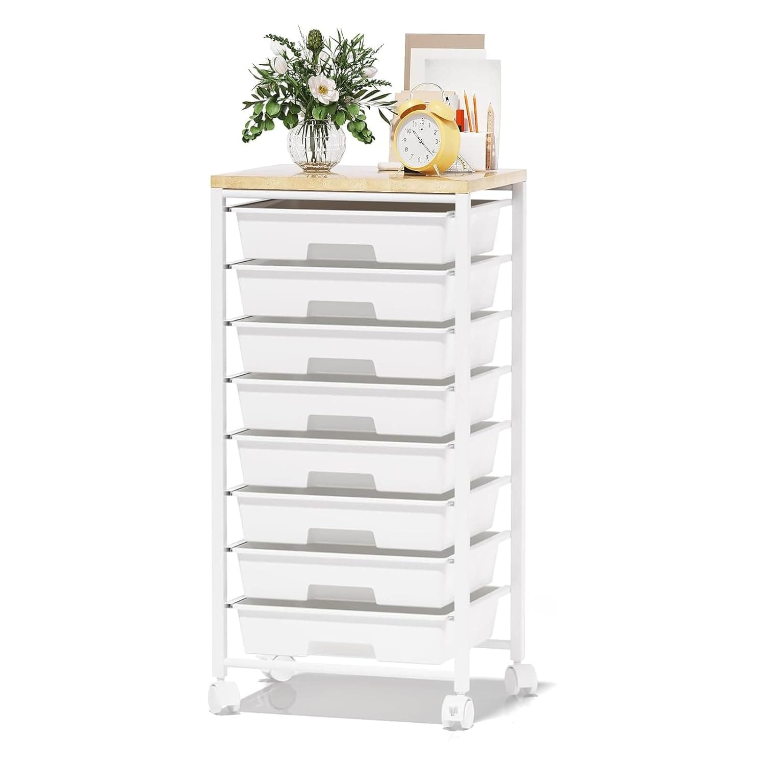 Beauenty Rolling Storage Cart with Drawers, Utility Cart With 8 Drawers and Wooden Tabletop, Craft Cart, Storage Drawer Cart for Living Room, Classroom, Bedroom, Dorm, Office, White