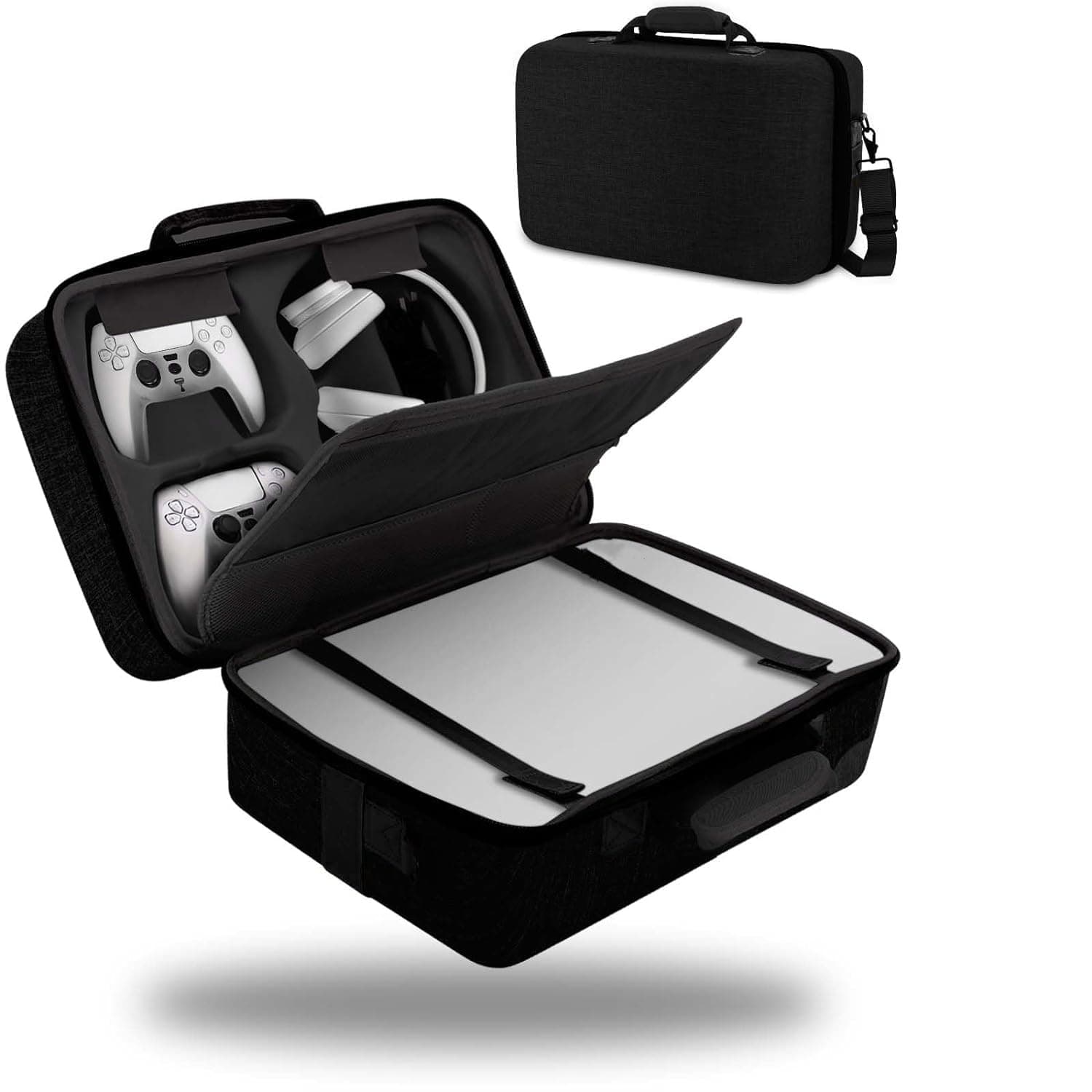 حافظة بلاي ستيشن 5 بهيكل صلب من رويكسزس، شنطة سفر لجهاز بلاي ستيشن 5، شنطة سفر من مادة ايفا تحمل وحدة التحكم واجهزة التحكم والقاعدة وغيرها من الملحقات، مقاومة للصدمات والماء والخدش (اسود)