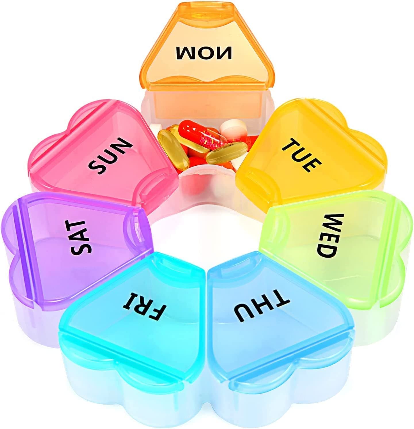 Large Weekly Pill Organizer, Pill Box, Reusable Pill Case, Travel Pill Organizer, 7 Day Portable Pill Box Case for Vitamin, Cod Liver Oil, Pills, Supplements, Petal Box Round 7-cell Box