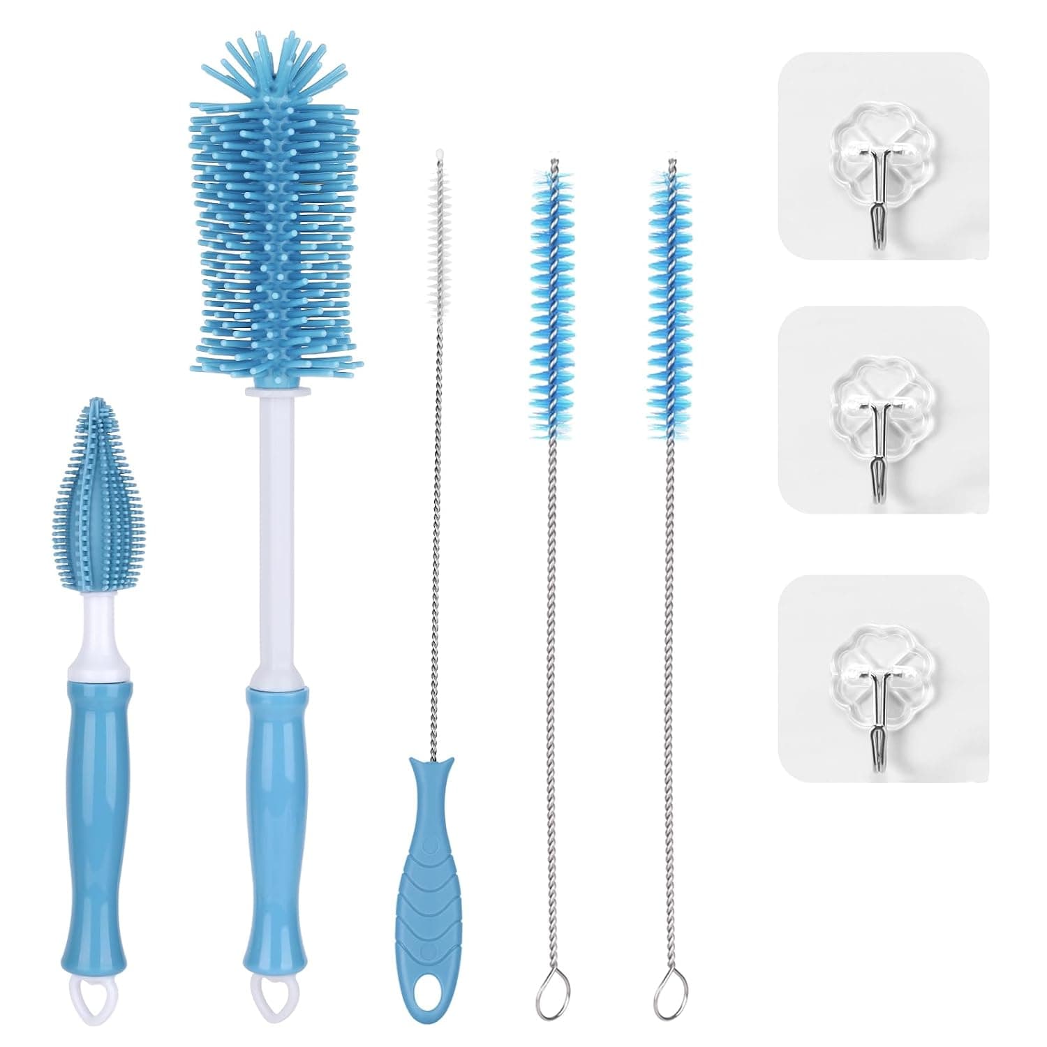 ALMEKAQUZ 3-In-1 Straight Handle Silicone Bottle Brush, Portable Water Bottle Cleaner, Hang able Bottle Cleaning Brush Kit with Bottle Brush, Straw Brush, Nipple Brush (Blue)