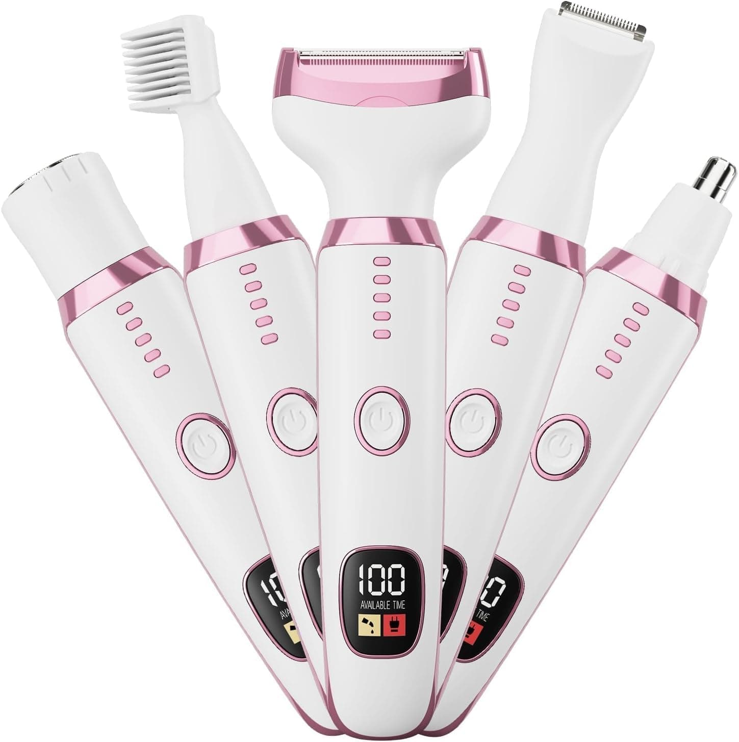Bikini Trimmer for Women, 5 in 1 Electric Razors for Shaving, Waterproof Rechargeable Pubic Hair Trimmer with LED Display, White