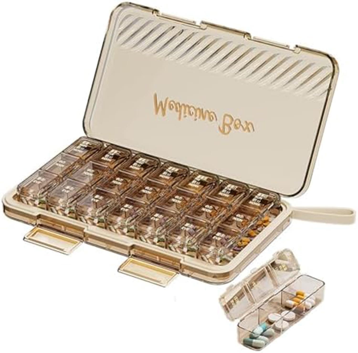 Weekly Pill Organizer Box, 3 Times Daily, 7 Day Medicine Case, Large Compartments for Vitamins and Supplements, Brown