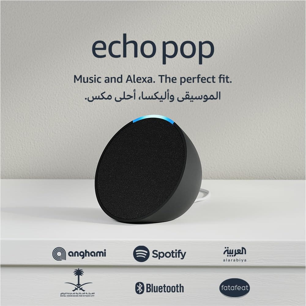 Echo Pop | Full sound compact Wi-Fi & Bluetooth smart speaker with Alexa | Use your voice to control smart home devices, play the Quran or music, and more (speaks English & Khaleeji) | Charcoal