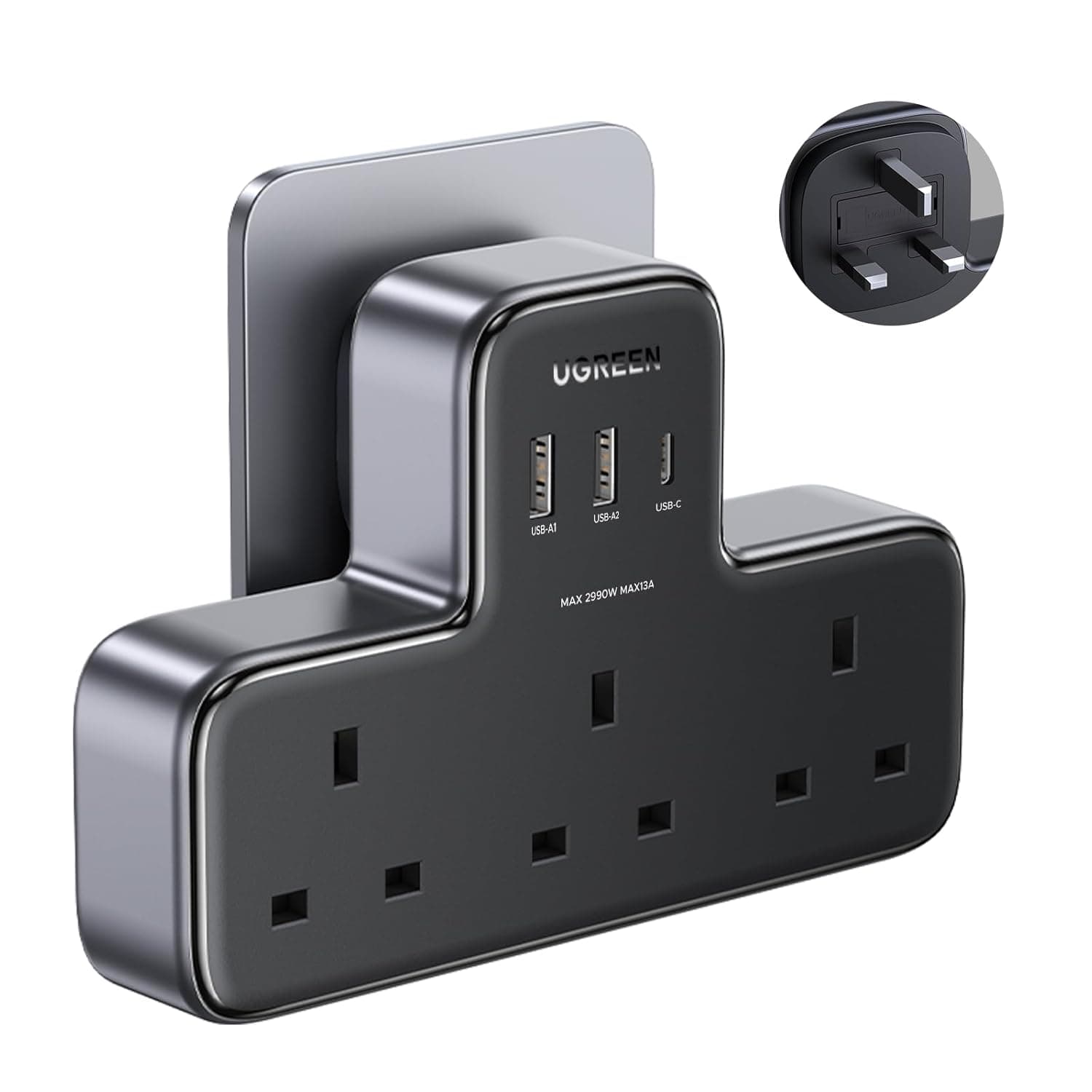UGREEN 6-in-1 Power Strip Surge Protector Extension Plug Multiple 3 AC Outlet Sockets, Type C Fast Charger 3 USB Ports,Triple UK Plug Extender USB Charging Station for Kitchen, Home Office Accessories
