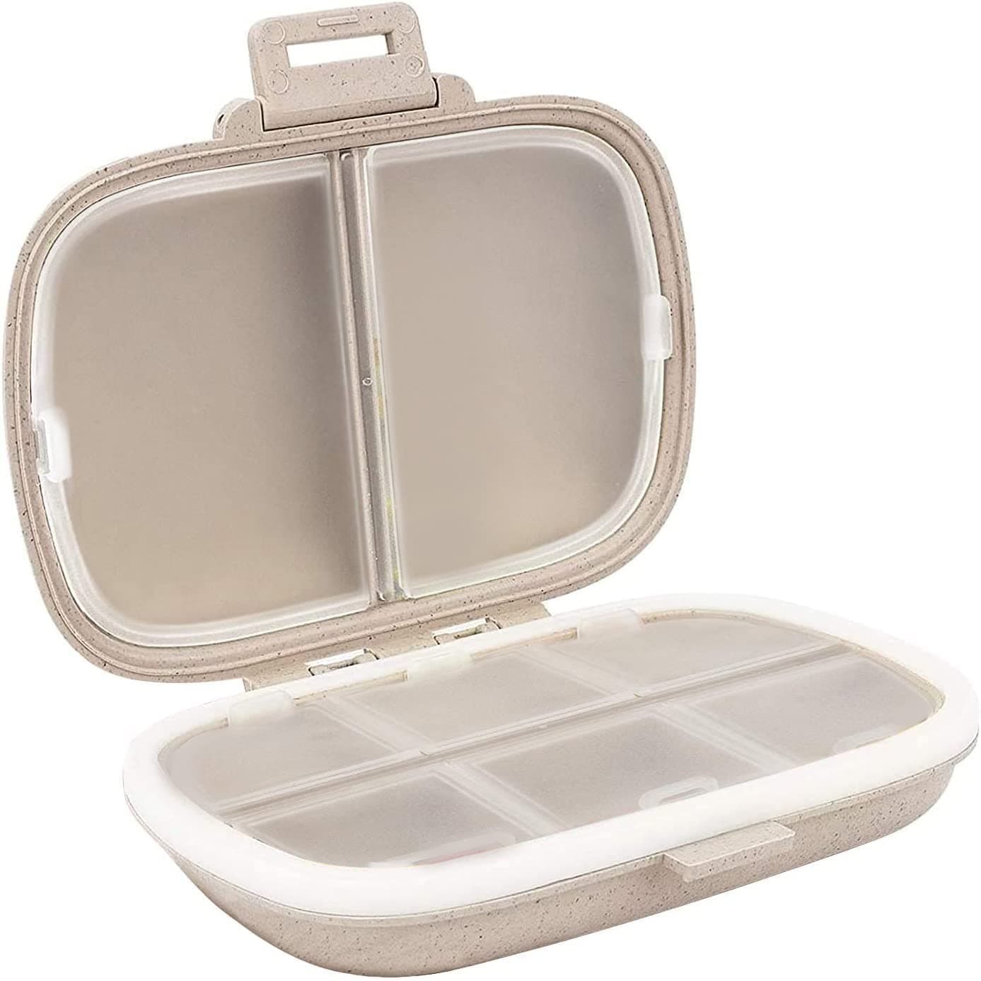 Travel Pill Organizer, 8 Compartments Portable Pill Case, Daily Pill Box to Hold Vitamins, Small Pill Container for Pocket Purse Organizer, Khaki