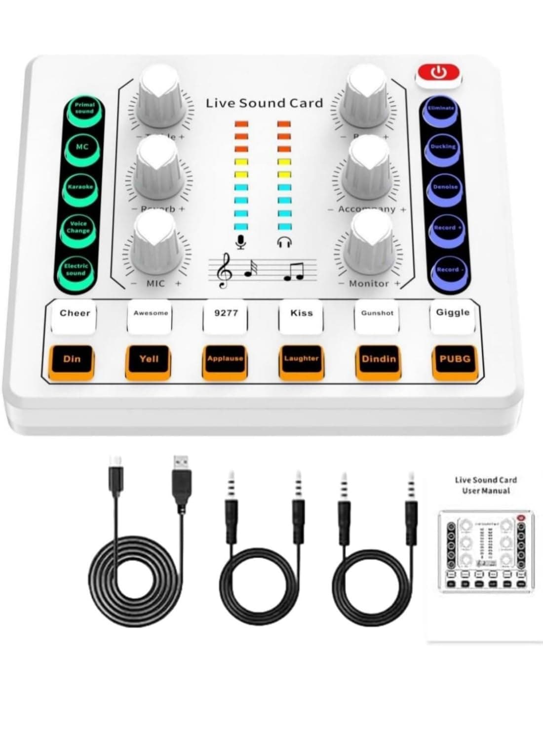 بطاقة صوت ام 8 ميني بلوتوث لايف من هويوب، لوحة مزج صوت محمولة للبث المباشر، ميكروفون بطاقة صوت مع مؤثرات صوتية متعددة، واجهة صوتية مع مولف دي جيه (ابيض)