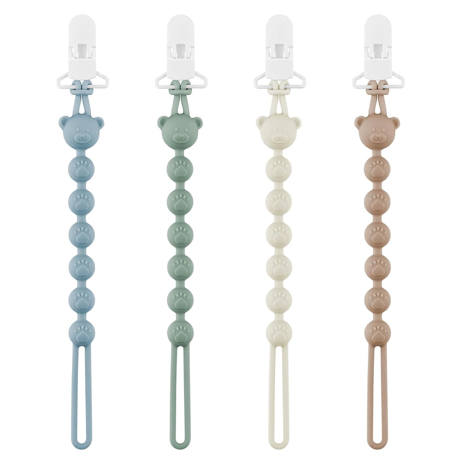 Pacifier Clip - 4 Pack Silicone Pacifier Holder with One Piece Beads for Baby Boys and Girls, Pacifier Strap for Teether Toys, Stroller, Car Seat and High Chair (Blue+Green+Ivory+Brown)