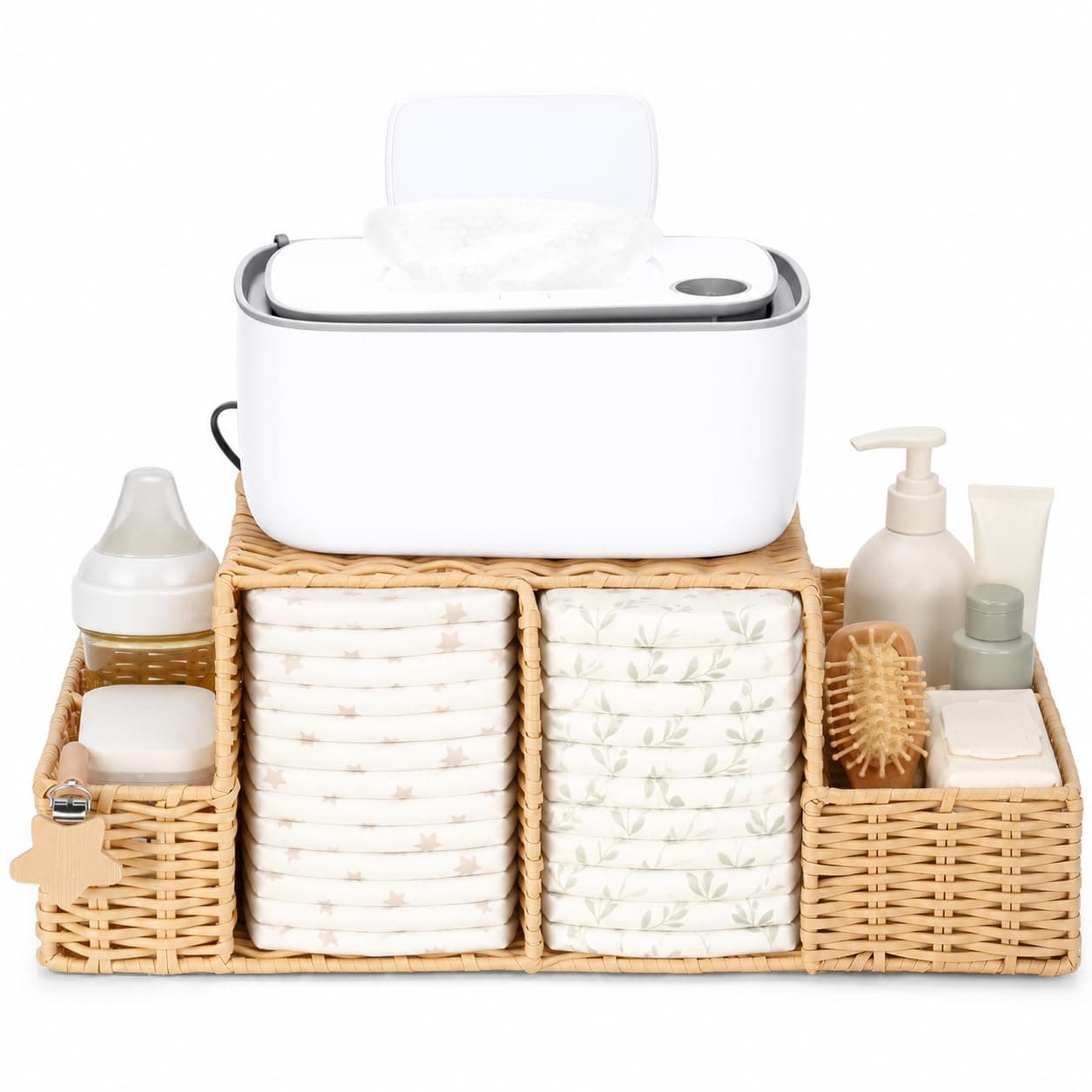 Diaper Caddy Organizer, Rattan Nursery Storage Basket for Baby Essentials, Baby Changing Table Organizer Perfect Nursery Assistant (Hollow PE Rattan, L)