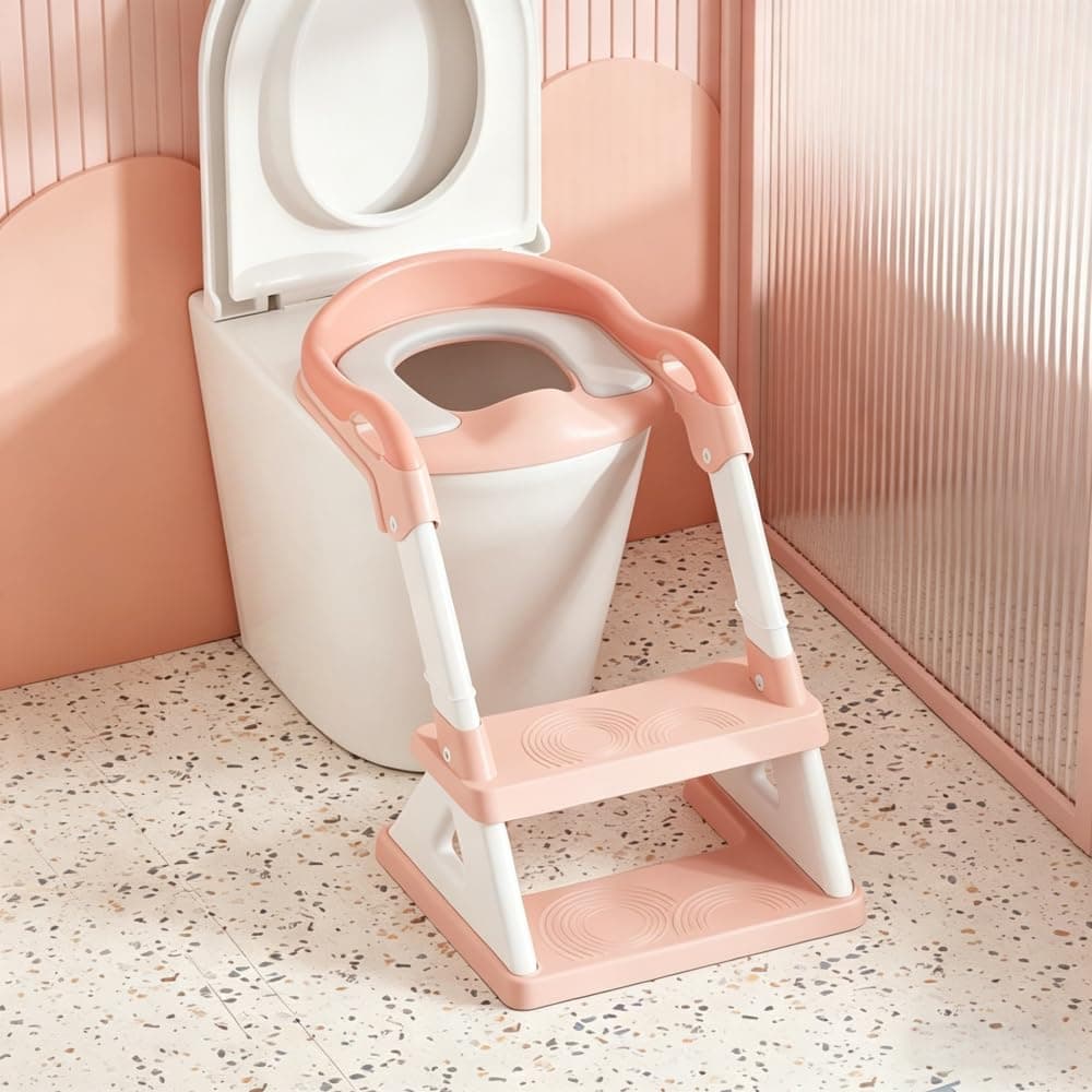 Toilet Potty Training Seat with Step Stool Ladder, Comfortable Safe Potty Seat with Anti-Slip Pads Ladder for Kids Boys Girls Toddlers (Pink -B)