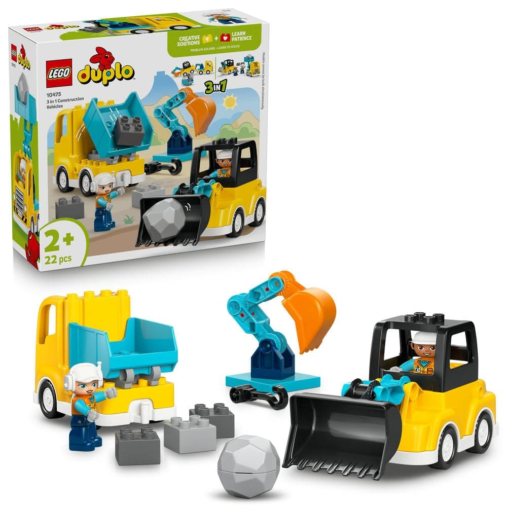 LEGO DUPLO 3 in 1 Construction Vehicles 10475 | 3-in-1 Trucks, Excavator Digger & Loader, Educational Montessori Toy, Gift for 2+ Year Old Boys & Girls, 22 Pieces