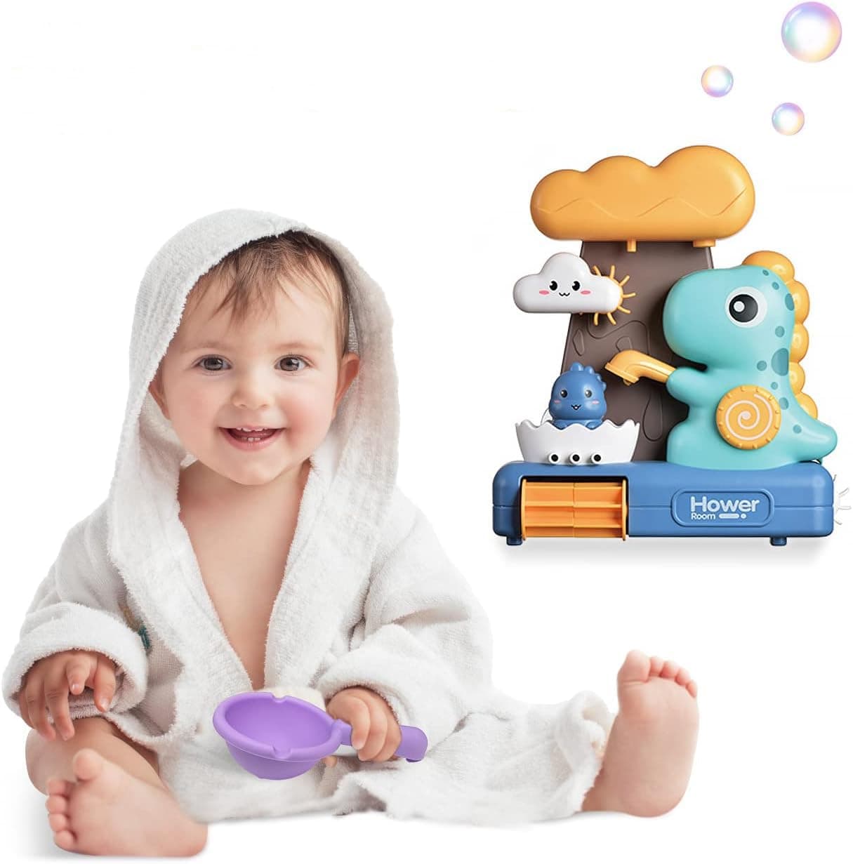 Baby Bath Toys, Bathtub Toys Cute Dinosaur Shower Waterfall Water Station Toy with Cup, Dinosaur Bath Toys for Bath Tub Wall and Bathroom Shower Swimming Pool Outdoor Sprinkler Toy, CE7397