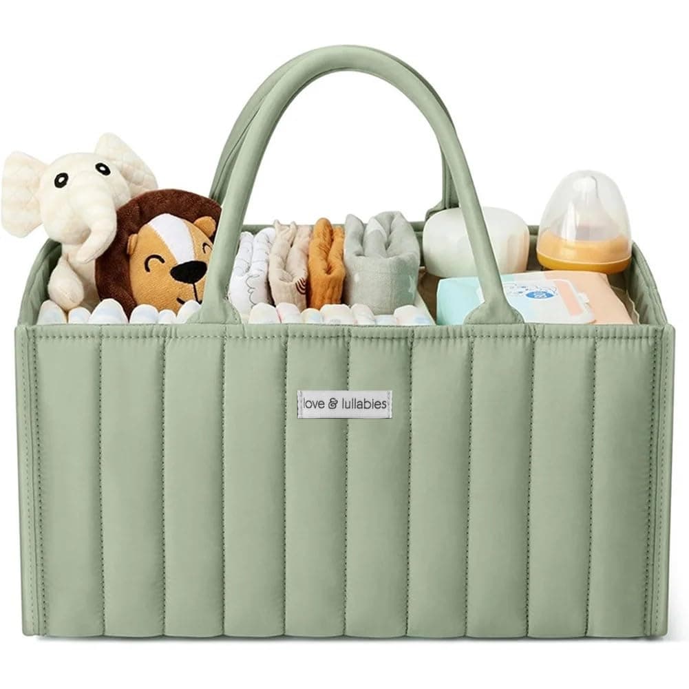 love & lullabies Nappy Storage, Stylish Quilted Diaper Basket for Baby - Newborn Essentials, Baby Basket for Baby Shower - Nappy Storage for Mother to Be (Sage Green)