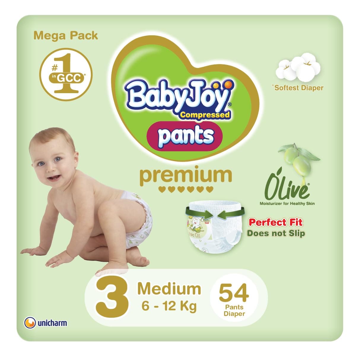Babyjoy Olive Pants, Size 3 Medium, Mega Pack, 6-12 Kg , 54 Count