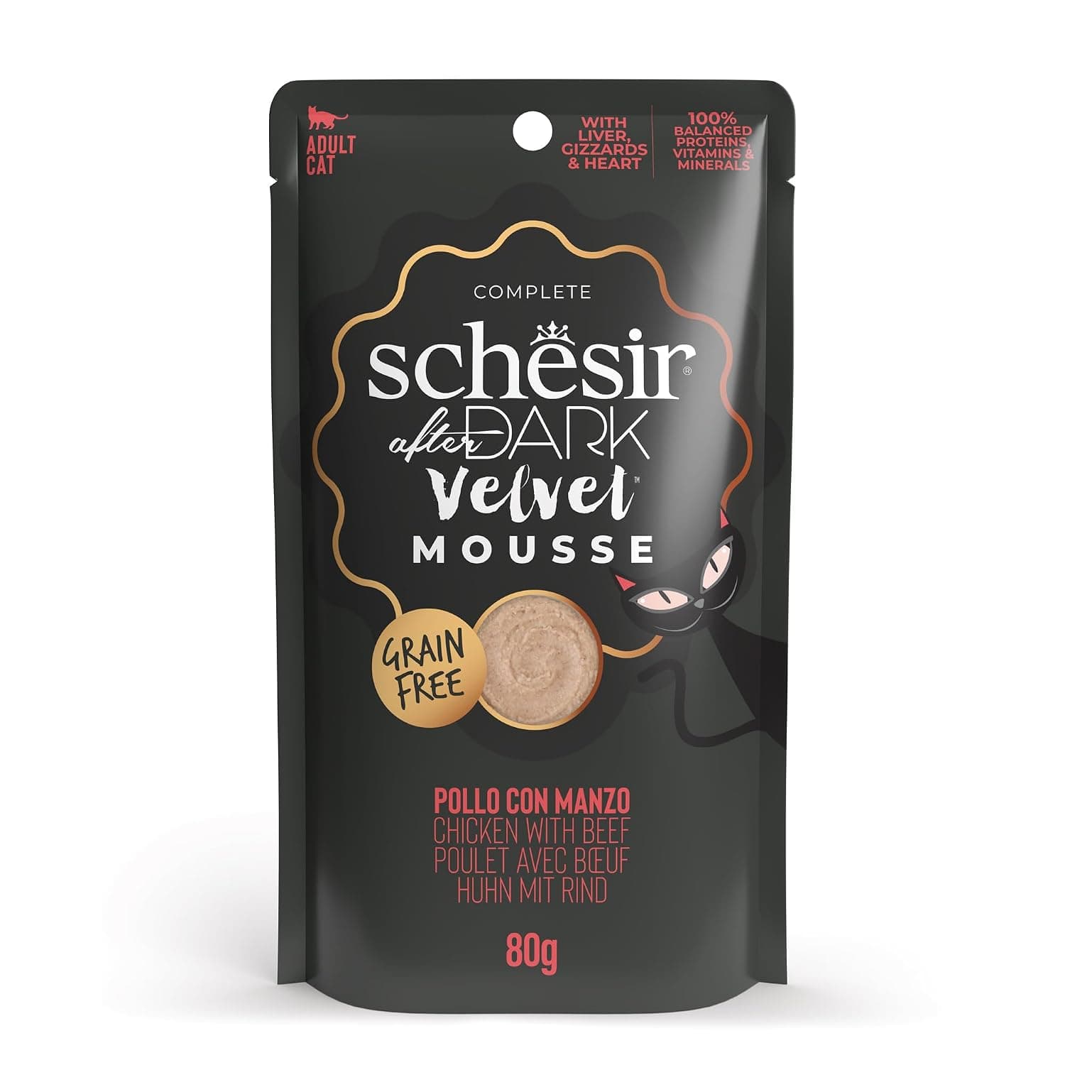 Schesir Velvet Wet Food Mousse with Chicken & Beef in Broth, 80 g Single Can