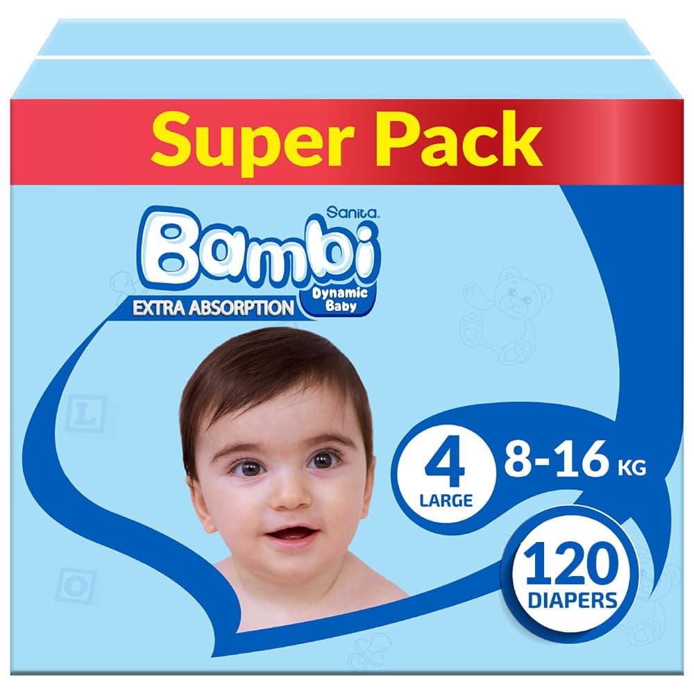 Sanita Bambi, Size 4, Large, 8-16 Kg, Super Box, 120 Diapers (Package May Vary)