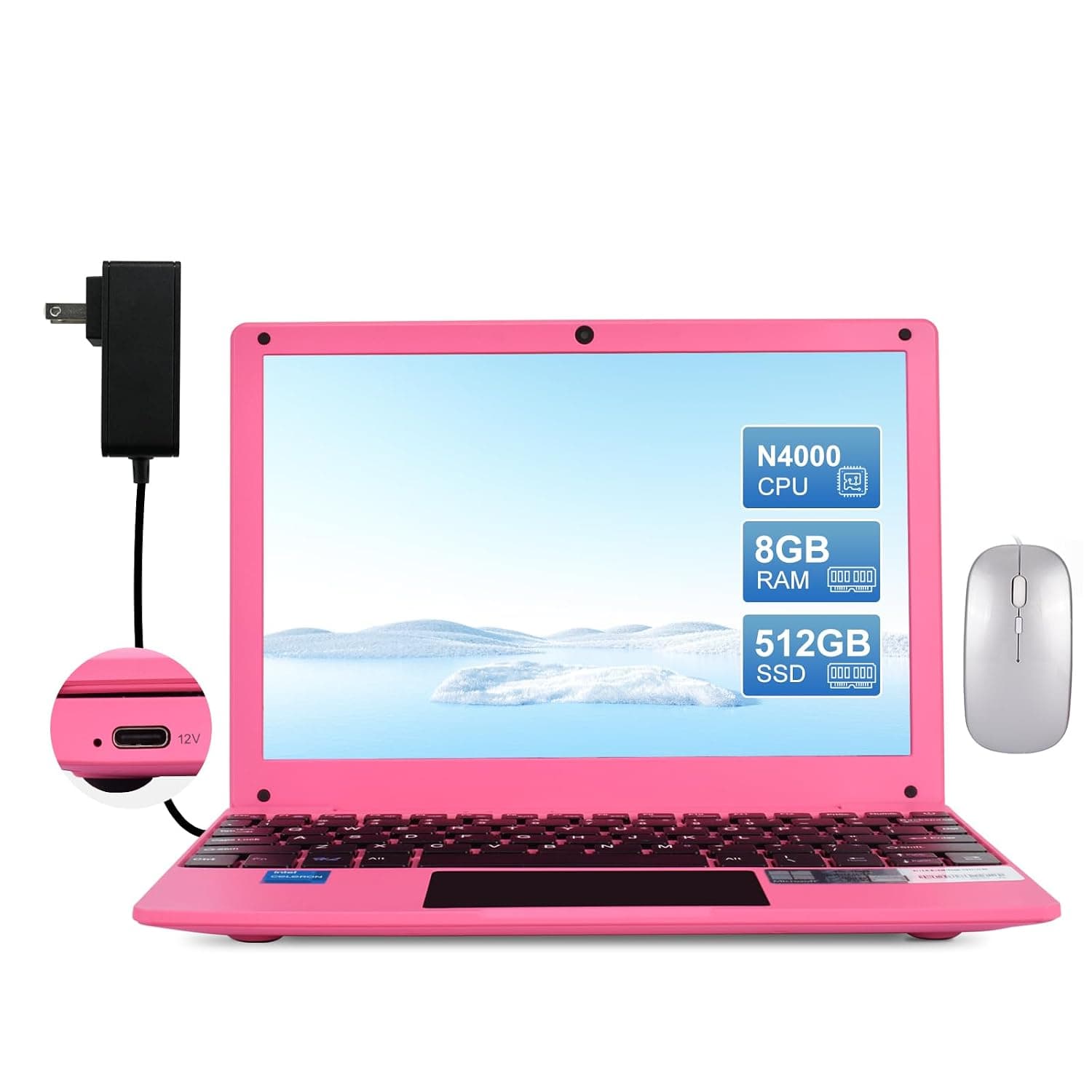 HBESTORE10.1 Mini Laptop, IPS Display - Intel Celeron N4000 (Up to 2.6GHz), 8GB RAM 512GB SSD Windows 11 OS, Lightweight & Powerful Small Computer (512GB,Pink)