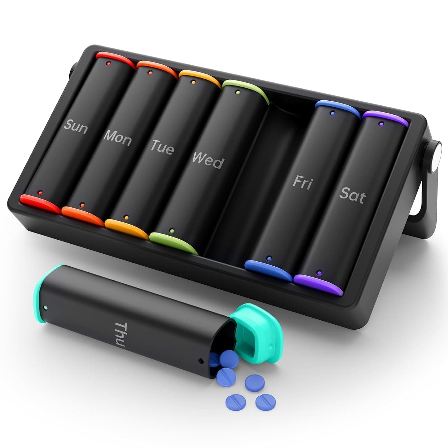 MediWeek 7-Day AM/PM Pill Organizer, Large Capacity Black Travel Medicine Box, 2 Compartments per Day, Rotatable Handle Design for Vitamins and Supplements