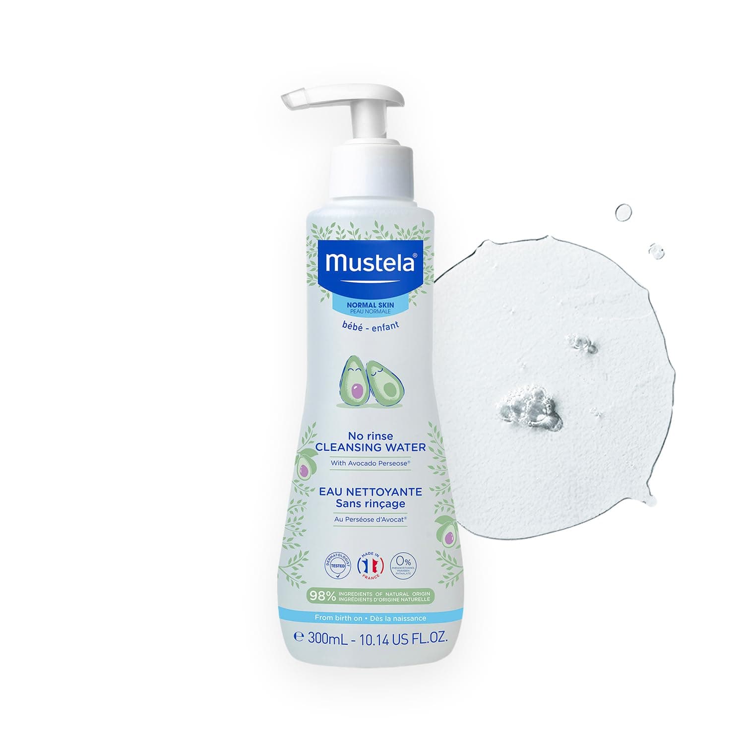 Mustela Baby Cleansing Water - No-Rinse Micellar Water - with Natural Avocado & Aloe Vera - for Baby's Face, Body & Diaper â€“ 10.14 fl. oz. (Pack of 1)