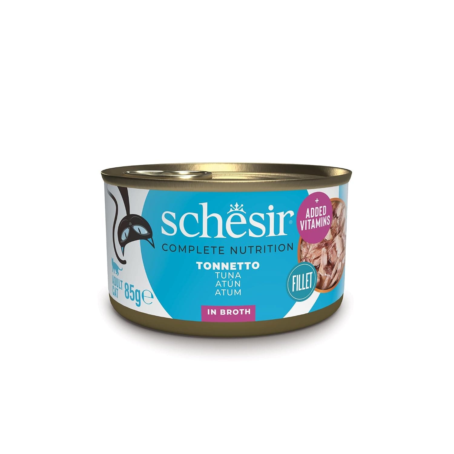Schesir, Tuna Fillets in Broth - Complete Wet Cat Food Tin - 100% Natural Cruelty Free - 12 x 85g