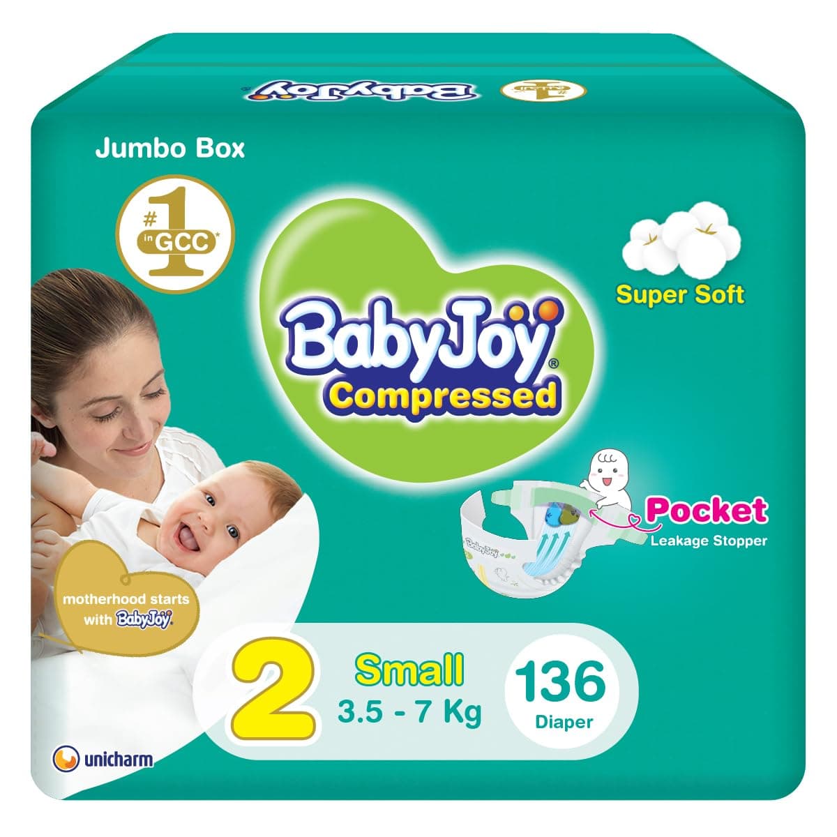 Babyjoy Compressed Diamond Pad, Size 2, Small, 3.5-7 Kg, Jumbo Box, 136 Diapers
