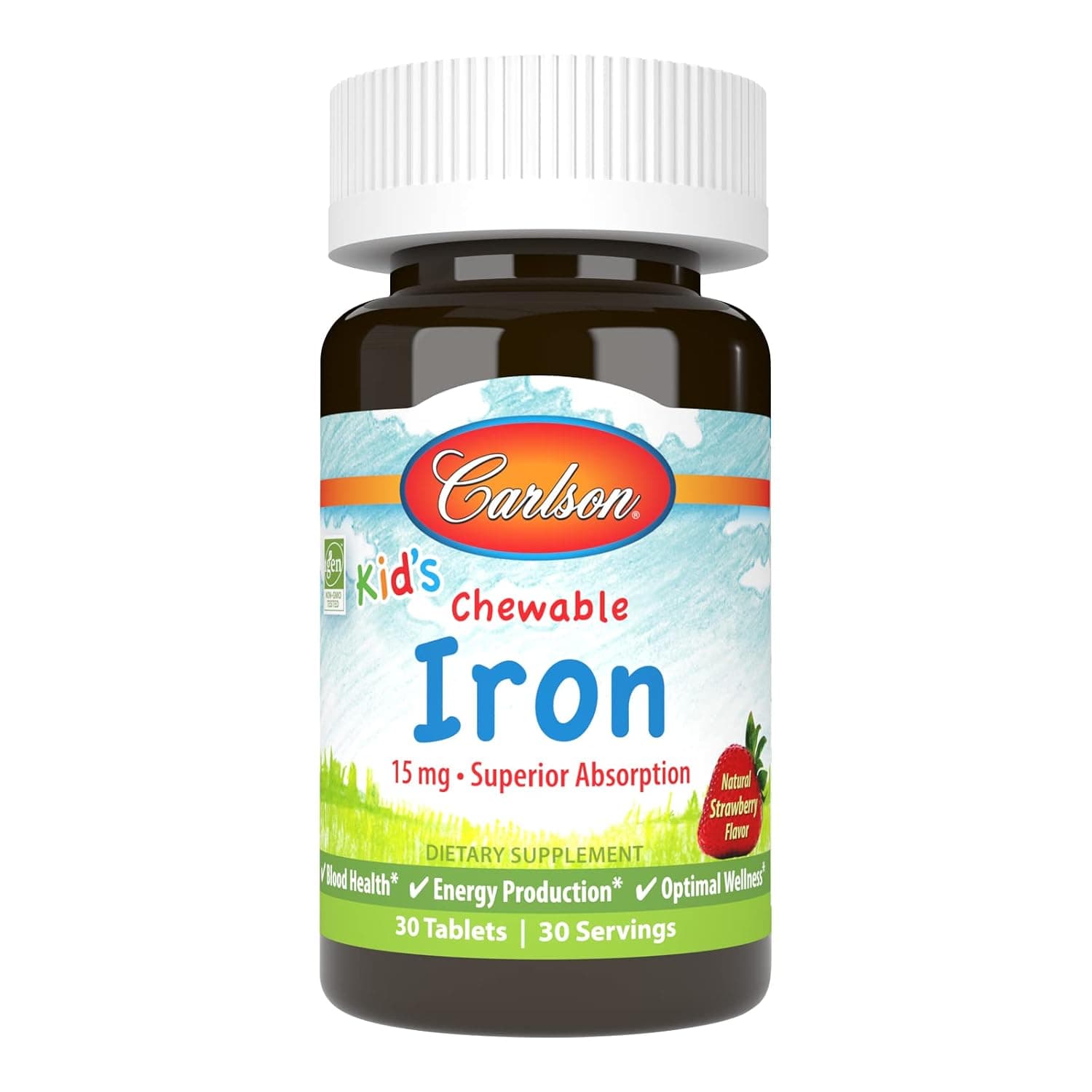 Carlson Kid's Chewable Iron, 15 mg, Energy Production, 30 Chewable Tablets | Strawberry; Superior Absorption; Optimal Wellness; Non-GMO