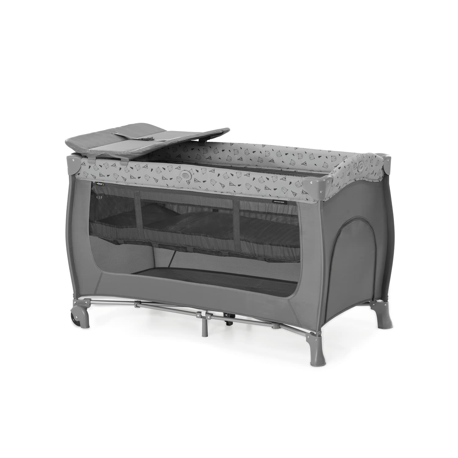 Hauck Travel Cot Set Sleep N Play Center/for Babys and Toddlers from Birth up to 15 kg / 120 x 60 cm/Changing Table / 2nd Level/Wheels/Side Hatch/Foldable/Transport Bag/Nordic Grey