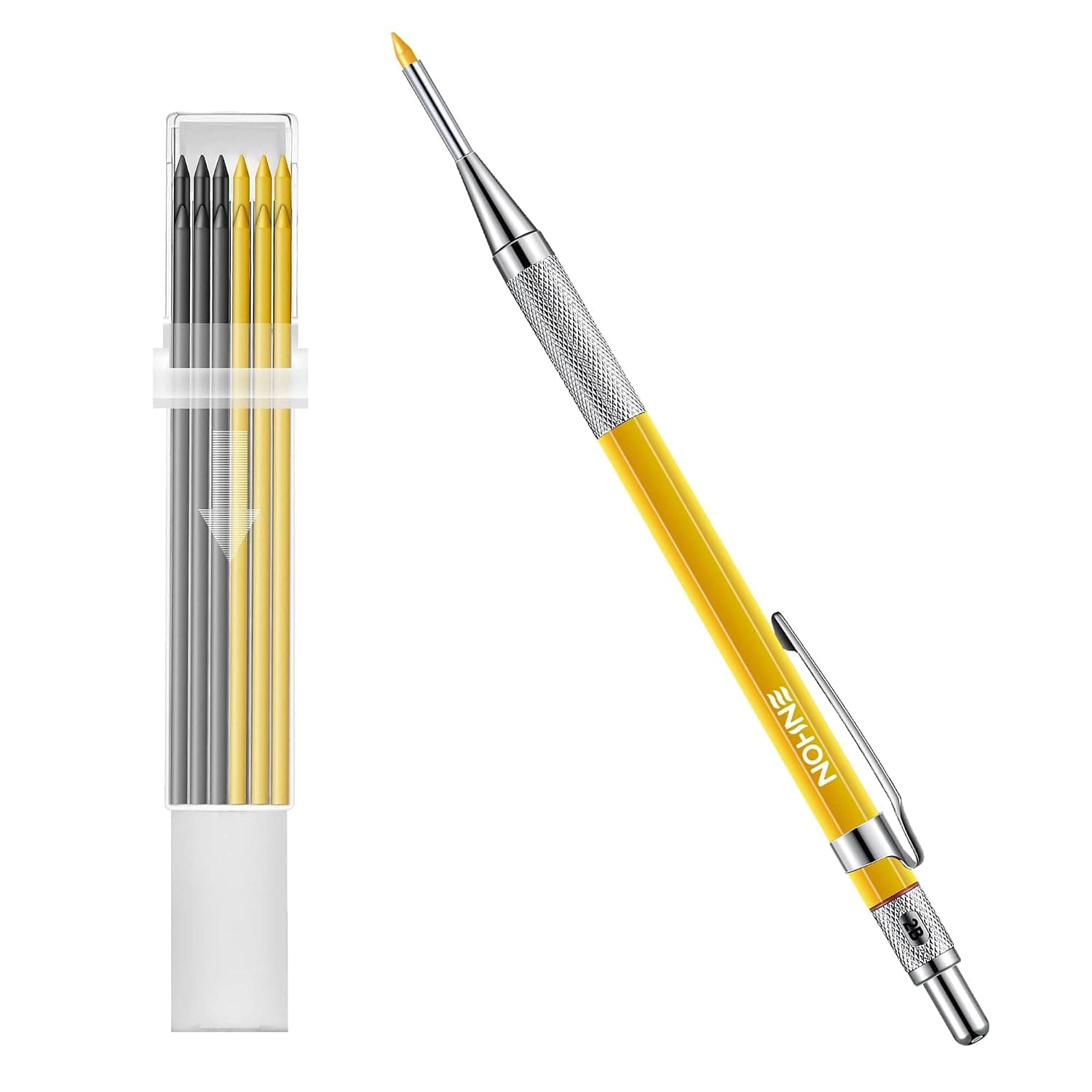 Enhon 2mm Carpenter Pencil Set with 12 Refills and Sharpener, Yellow | Woodworking Marking Tool Solid Deep Hole Construction Mechanical Pencil, Extended Needle-Nose Tip for Use in Jobs