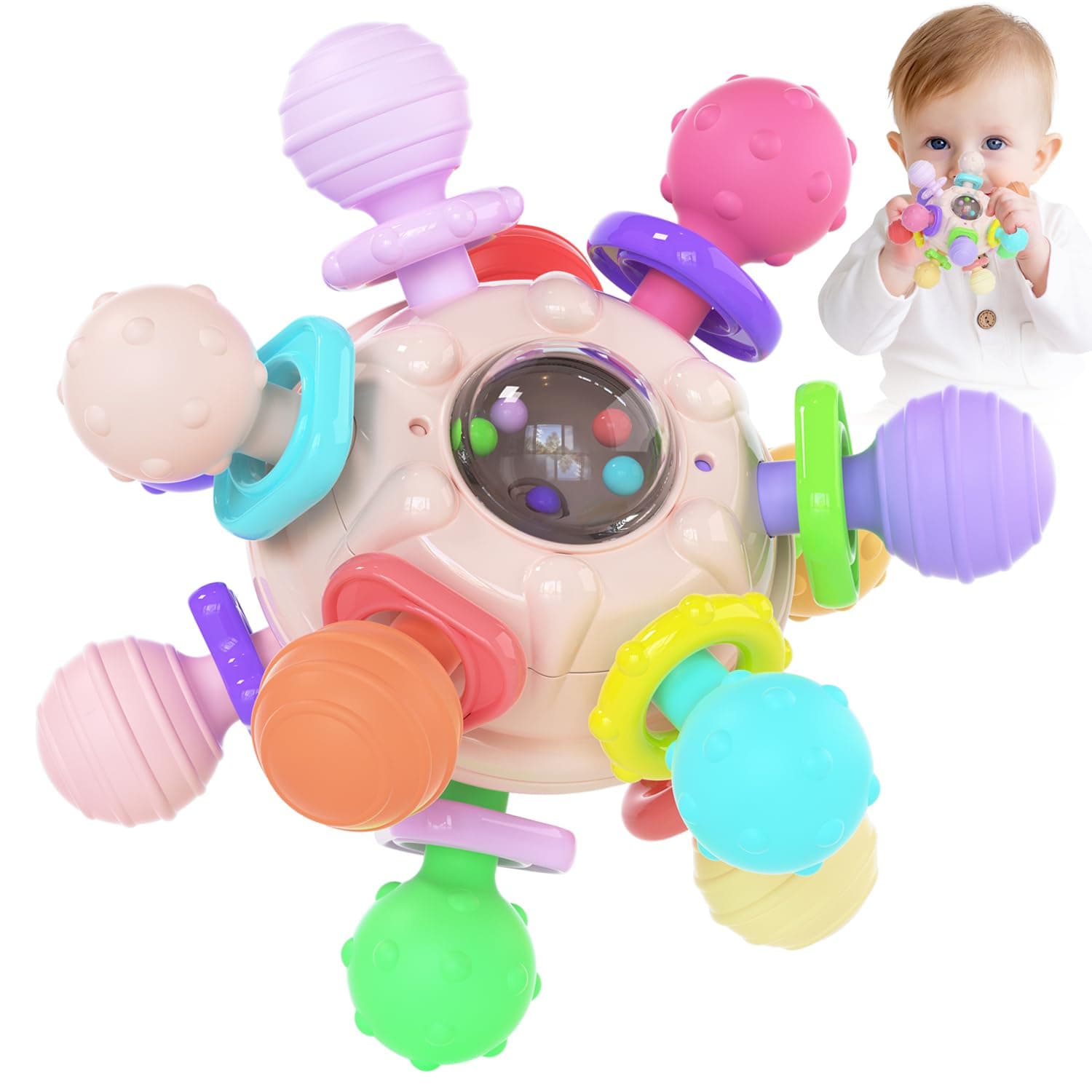 Cerberus Silicone Baby Teether, Montessori Sensory Toys, 0-12 Months, Pink & Multicolor, Teething Toys for Babies