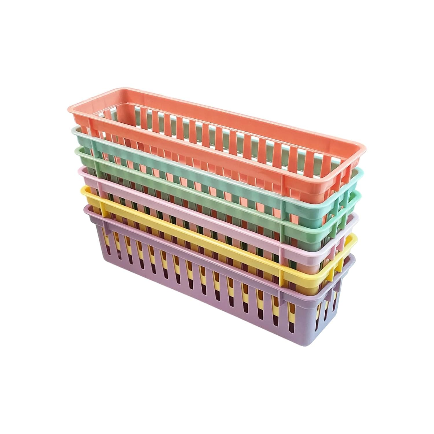 6pc Plastic Pencil Baskets Classroom Storage Basket Set Colored Desk Drawer Organizers Small Pen Tray for Office Supplies Home Organization and Stationary Storage