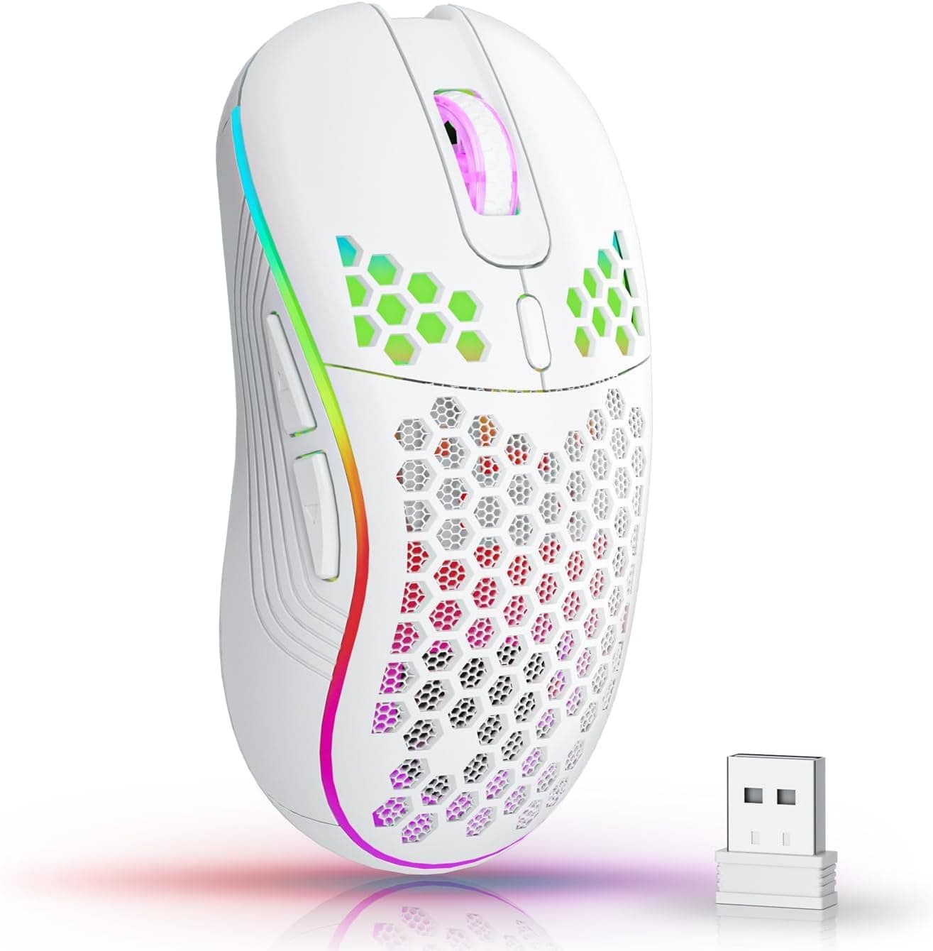 ماوس العاب لاسلكي من ازوني كمبيوتر قابل لاعادة الشحن مع اضاءة خلفية RGB و6 ازرار للتعديل وهيكل خلية نحل خفيف الوزن للابتوب والكمبيوتر وغيرها ابيض