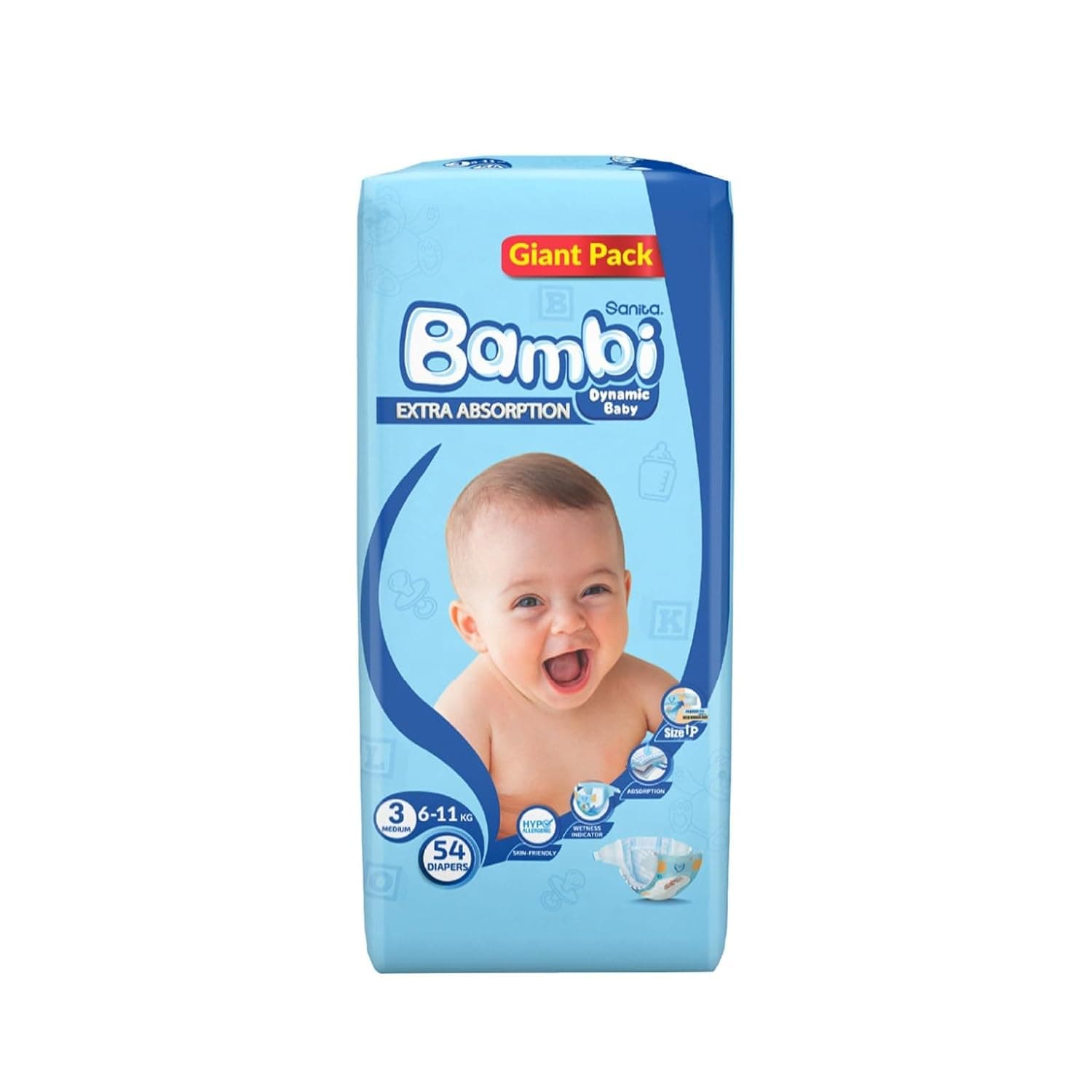 Sanita Bambi Baby Diapers Giant Pack Size 3, Medium, 6-11 Kg, 54 Count