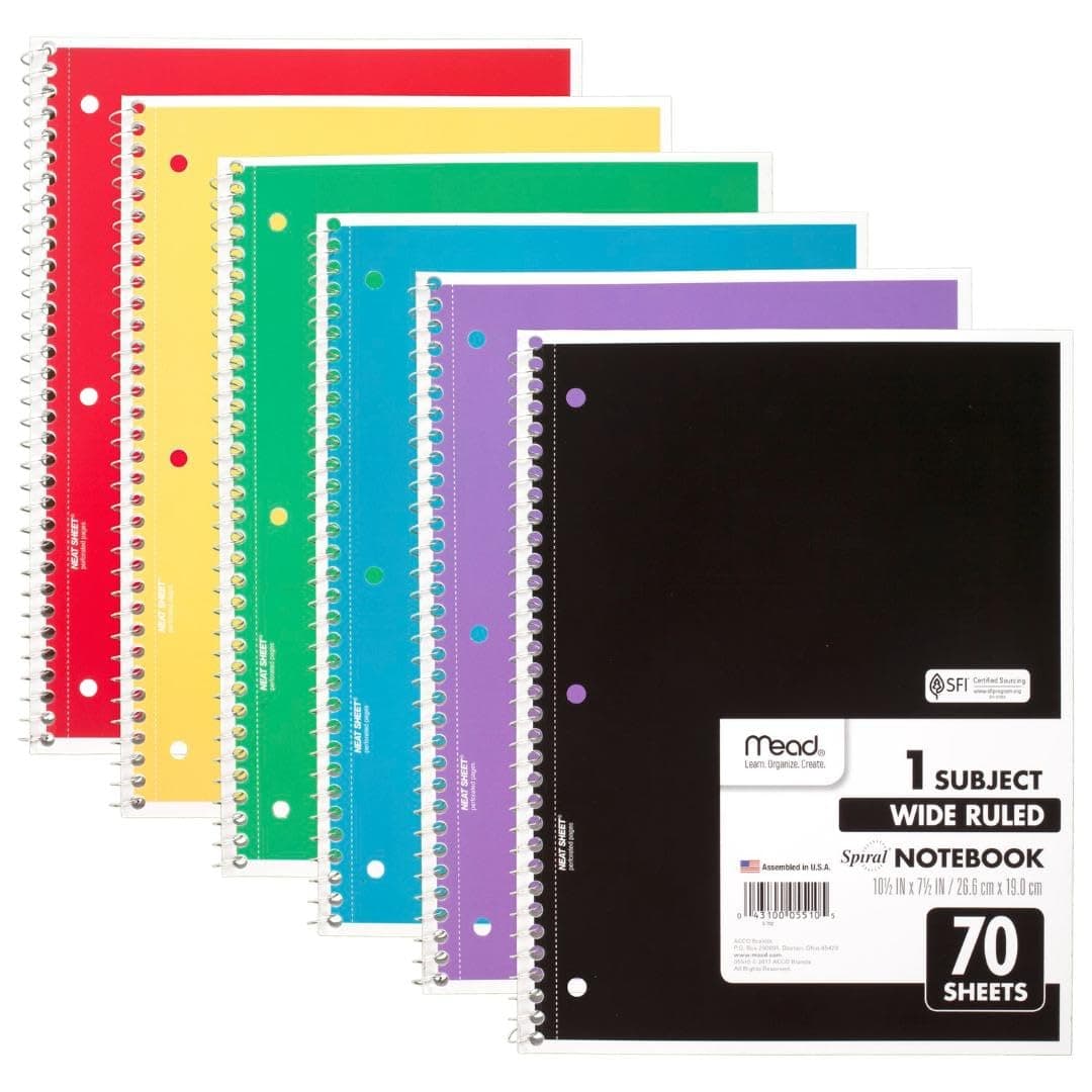 Mead Spiral Notebook, 6 Pack, 1-Subject, Wide Ruled Paper, 19 cm x 25.6 cm, 70 Sheets per Notebook, Color Will Vary (73063)