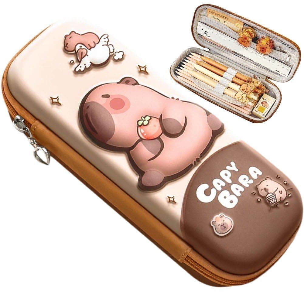 Capybara Pencil Case Cartoon Design, Waterproof Stationery Organizer with Large Capacity and Zipper Closure, EVA Pencil Pouch for Kids Teens, Ideal for School Office Travel (Brown)