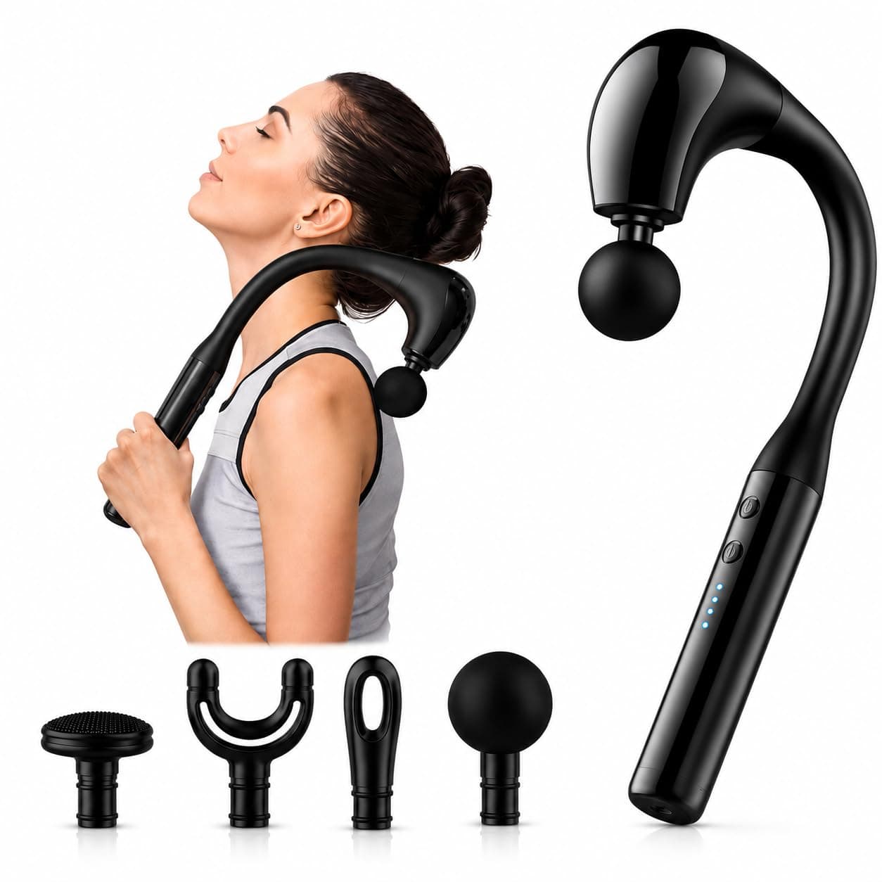 Toshionics U-Shaped Massage Gun with Extension Handle, Deep Tissue Percussion Back Massager for Neck, Shoulders, Back & Legs, 6 Speed Levels, 3 Massage Modes, 4 Replaceable Heads, LCD Display