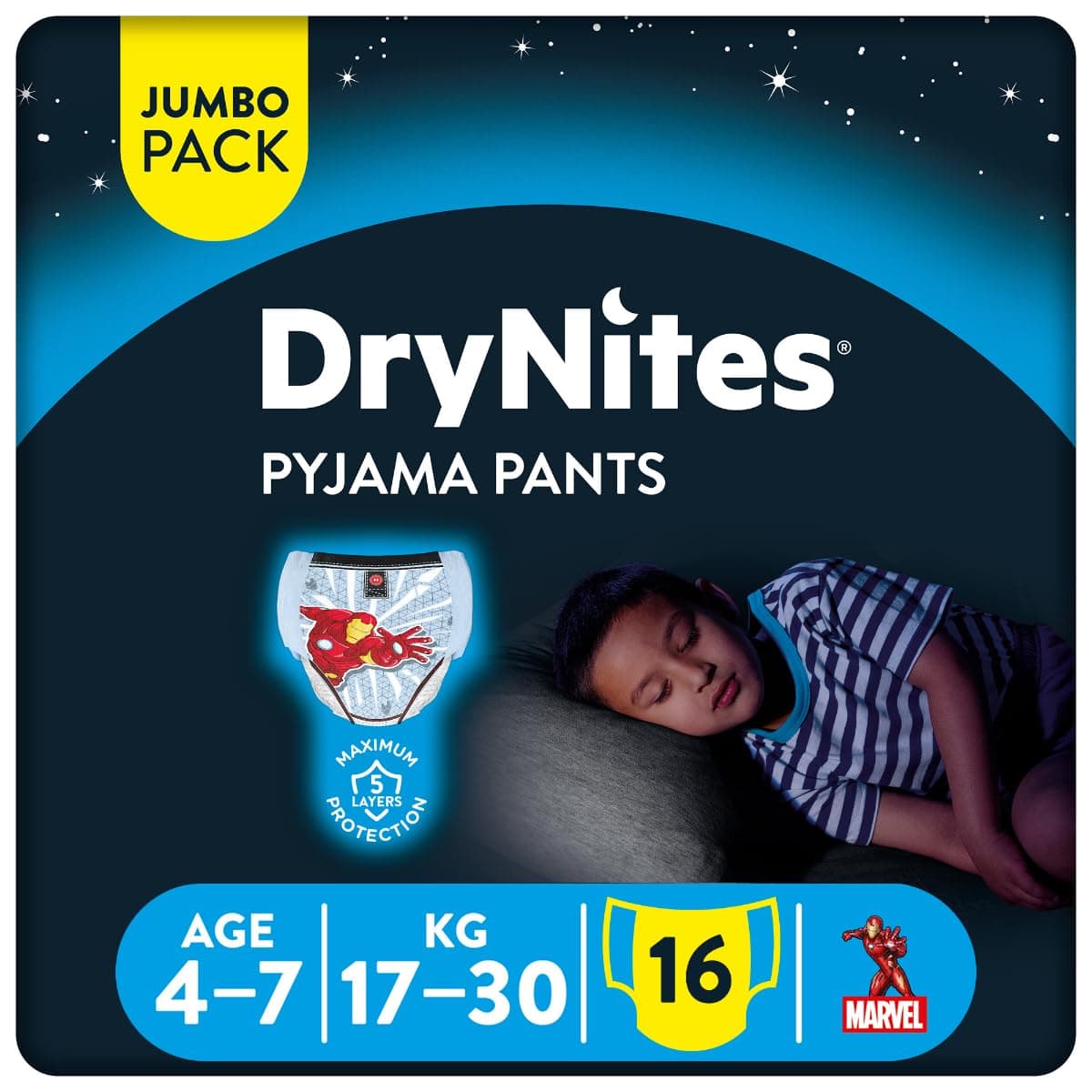 Huggies DryNites Pyjama Pants For Boys Marvel Age 4 - 7 (17 - 30 KG) 16 Pants