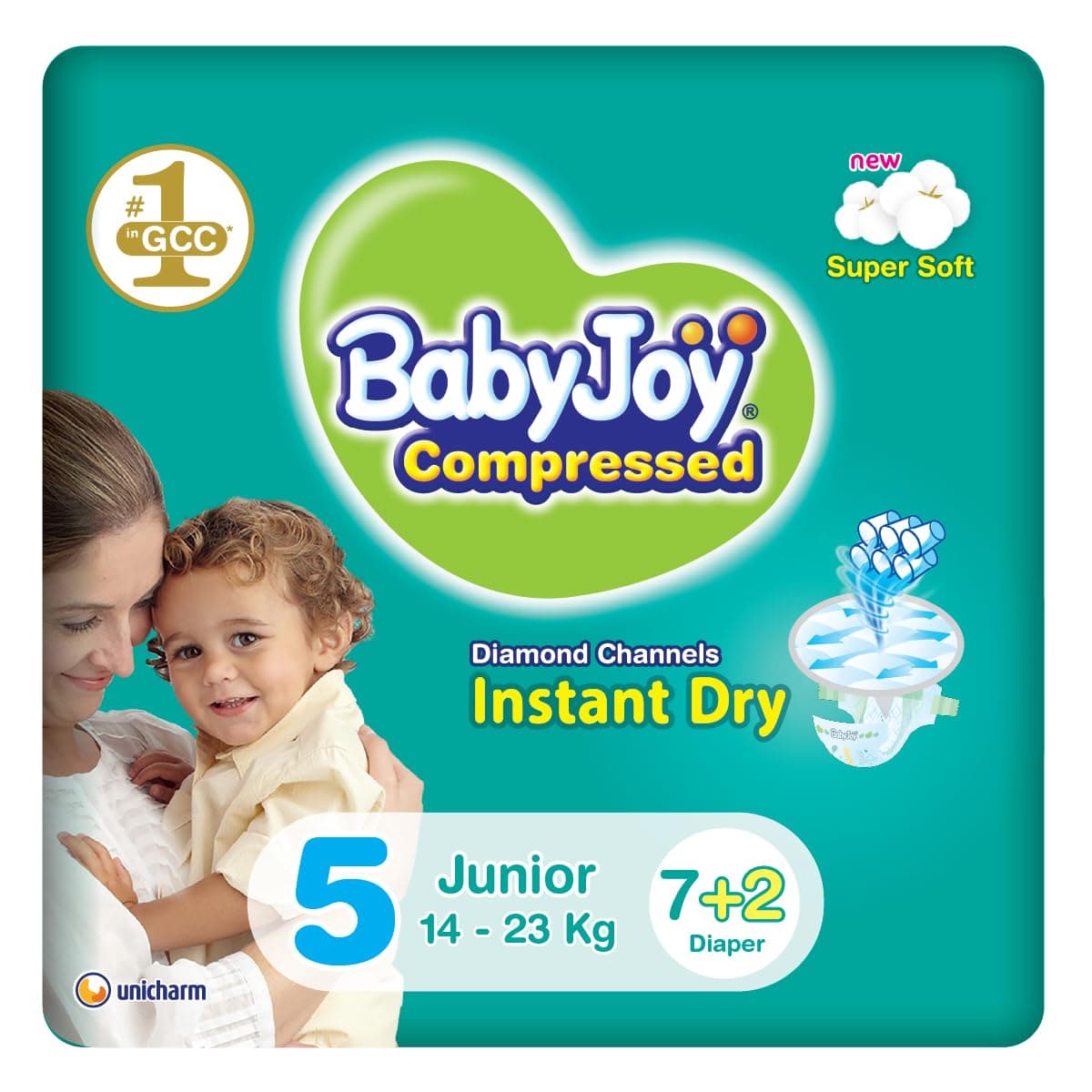 Babyjoy Compressed Diamond Pad Diapers, Saving Pack Junior, Size 5 Count 14 -23Kg