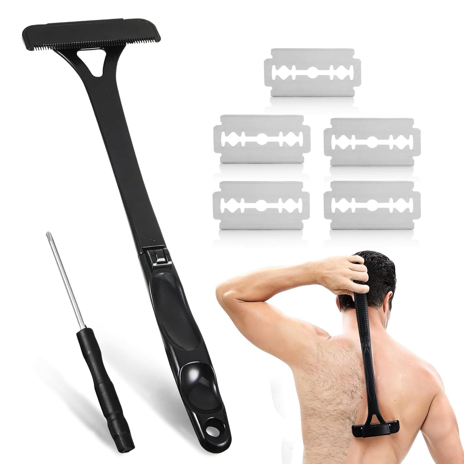 OSHIMA Back Razor Back Shavers for Men, Hair Shaver Removable Hairs Remover with 5 Blades Manual Shavers Men's Body Razors Foldable Hair Removal Razor for Rear Legs and Hands (Black)