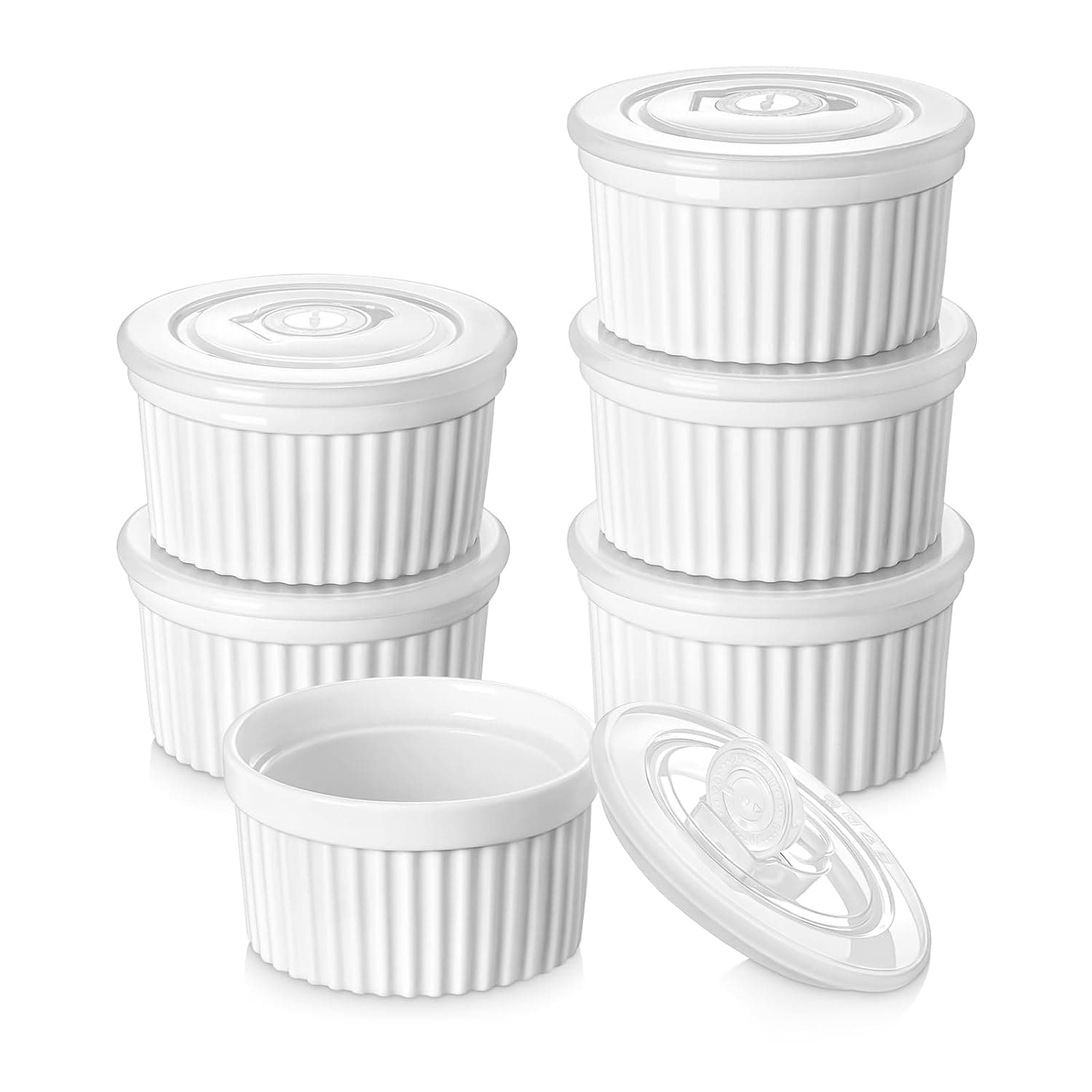 Porcelain Ramekins with Lid, 6 Set 8 oz White Creme Brulee Souffle Dishes, Food-Grade Pudding Custard Cups, Dishwasher Oven Safe Baking Dishes for Home Kitchen Desserts