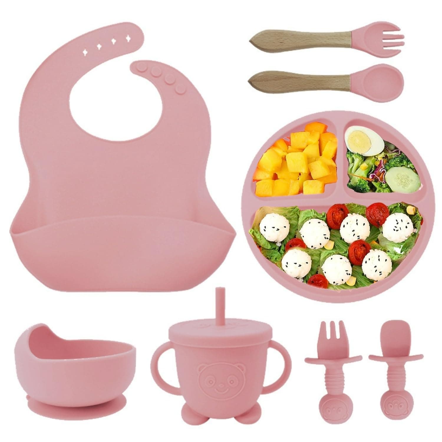 SKY-TOUCH 8 Pcs Silicone Baby Feeding Set, Baby Led Weaning Supplies with Suction Bowl Divided Plate, Self Feeding Spoons Forks Sippy Cup Adjustable Bib (Pink)