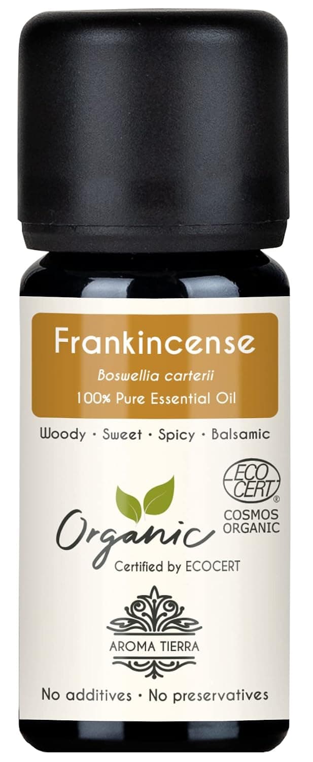 Aroma Tierra Organic Frankincense Essential Oil Luban - Boswellia carterii - 100% Pure, Natural, Certified Organic, Food Grade - For Face, Skin - Anxiety, Sleep - Health, Immunity - Diffuser - 10ml