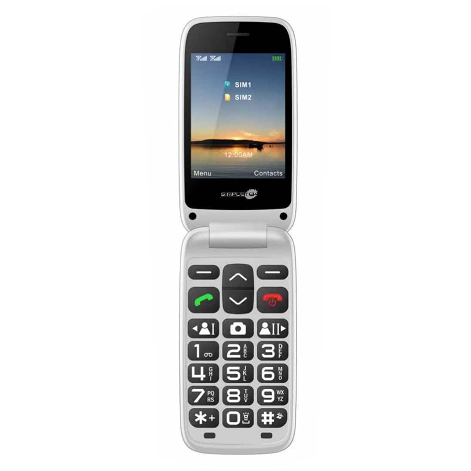 SIMPLETEK - Dual SIM 2.8" SOS Base Shell Phone Charging Grey | 1.77" Display, USB-C, FM Radio, 0.3 cm Jack, 0.8MP Camera, Removable Battery, 2G GSM, Elderly, Visually Impaired