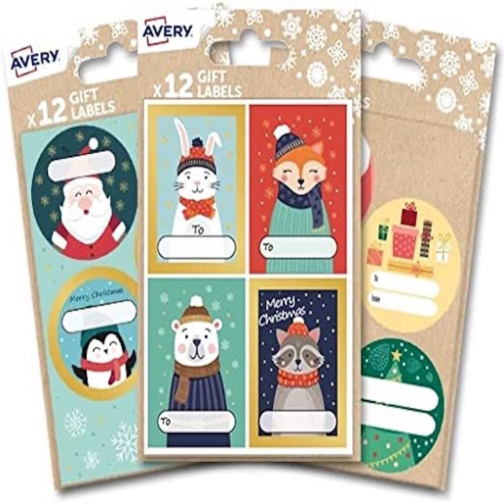 36 PCS Avery Festive Label Bundle Kid Pack, Christmas Gift Label Stickers, Self-adhesive Premium Christmas Name Gift Labels, Gift Wrapping Bag Decoration, Colour-your-own labels, Kids Christmas Labels