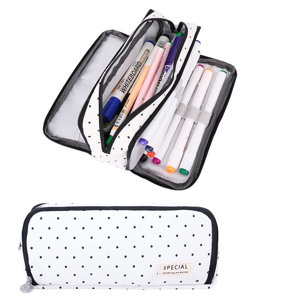 iSuperb Large Pencil Case Big Capacity Pencil Pouch 3 Compartments Pen Bag Canvas Marker Pen Bag for Teen Boys Girls School Students (Black Polka Dot)