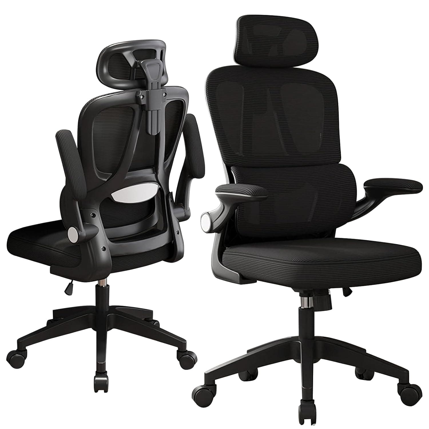 Ergonomic Office Chair, High Back Home Desk Chairs with Headrest, 90°Flip-Up Arms, 90-125° Tilt Lock and Wide Cushion Comfortable Lumbar Support, Swivel Task Chair for Home Office Study Play(Black)