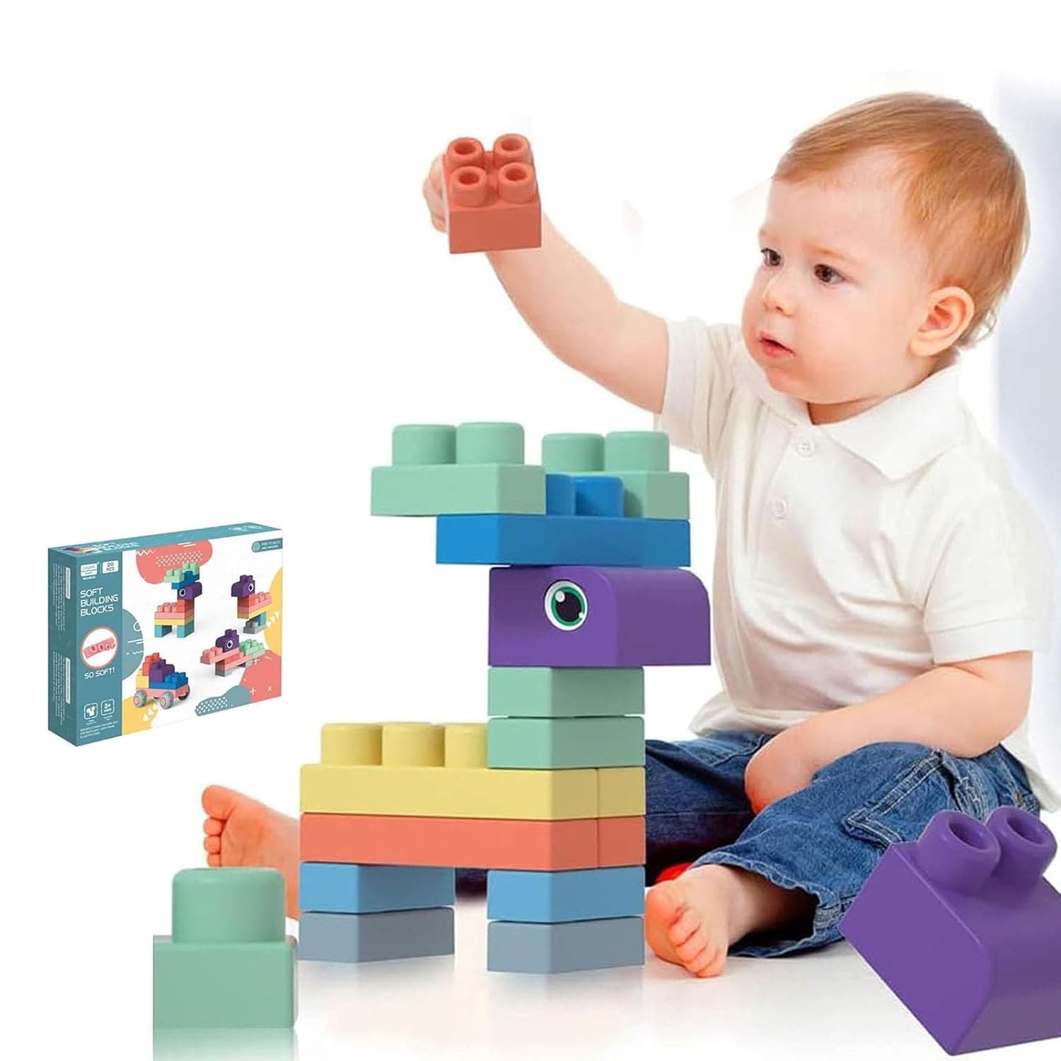 Joyzzz Soft Rubber Building Block, BPA Free Non-Toxic Sensory Stacking Toy, Colorful Large Blocks for Infants Toddlers, Early Learning Educational Playset, Easy Clean Safe